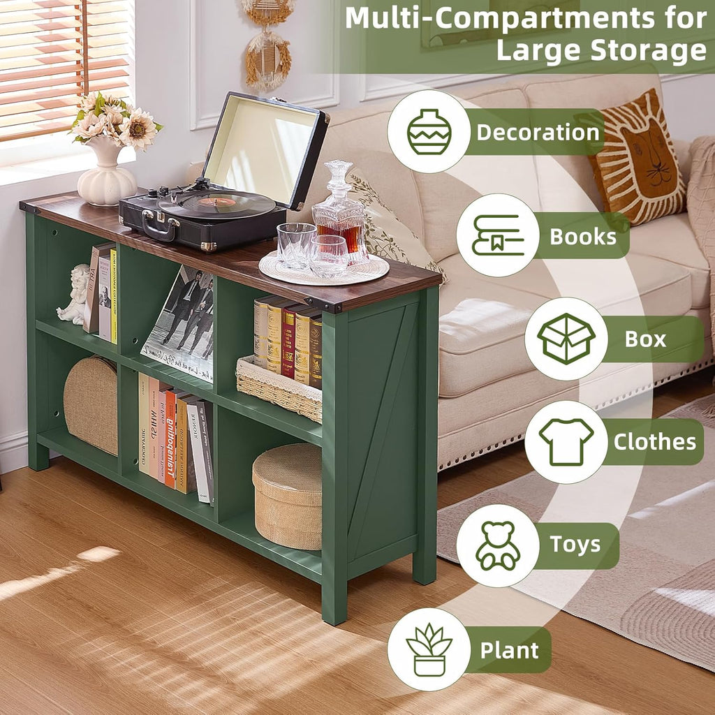 Joaxswe 6 Cube Storage Organizer, Farmhouse Green 47 Inch Wide Horizontal Bookshelf, Wooden 2 Tier Display Book Shelf, Rustic Low Book Case for Living Room (Green, 6 Cube (13.6'D x 47.24'W x 29.7'H))