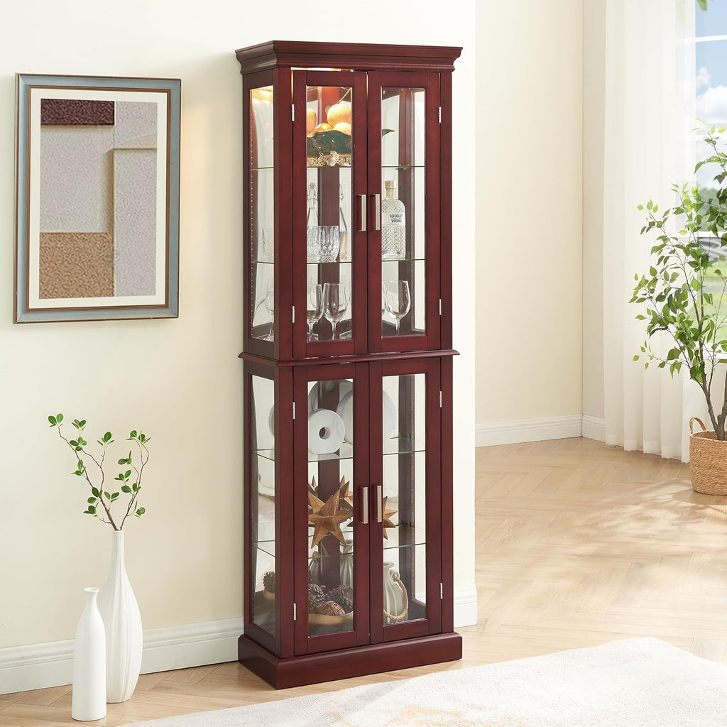 Lighted Wooden Display Curio Cabinet,Cabinet with Tempered Glass Door & 6 Shelves,Vintage 3 Side Glass Display Curio Cabinet,Bar and Liquor Storage Area,Glass Bookshelf,E26 light bulb Unincluded