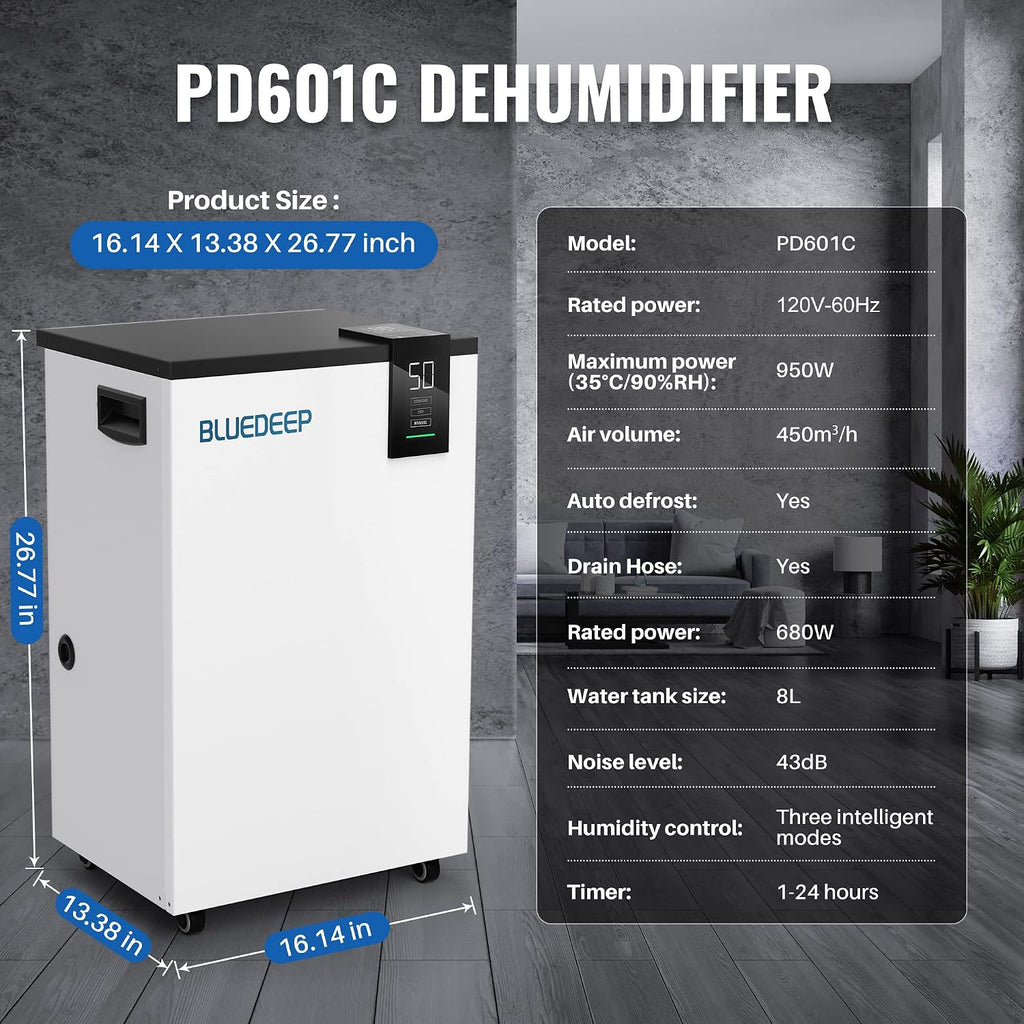BLUEDEEP 190 Pints Commercial Dehumidifier with 6.56ft Drain Hose and 1.75 Gallon Water Reservoir, Water Damage Restoration Dehumidifier, for Basements, Industrial or Commercial Spaces and Job Sites