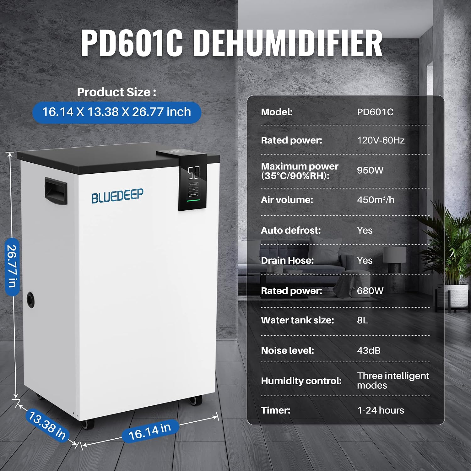 BLUEDEEP 190 Pints Commercial Dehumidifier with 6.56ft Drain Hose and 1.75 Gallon Water Reservoir, Water Damage Restoration Dehumidifier, for Basements, Industrial or Commercial Spaces and Job Sites