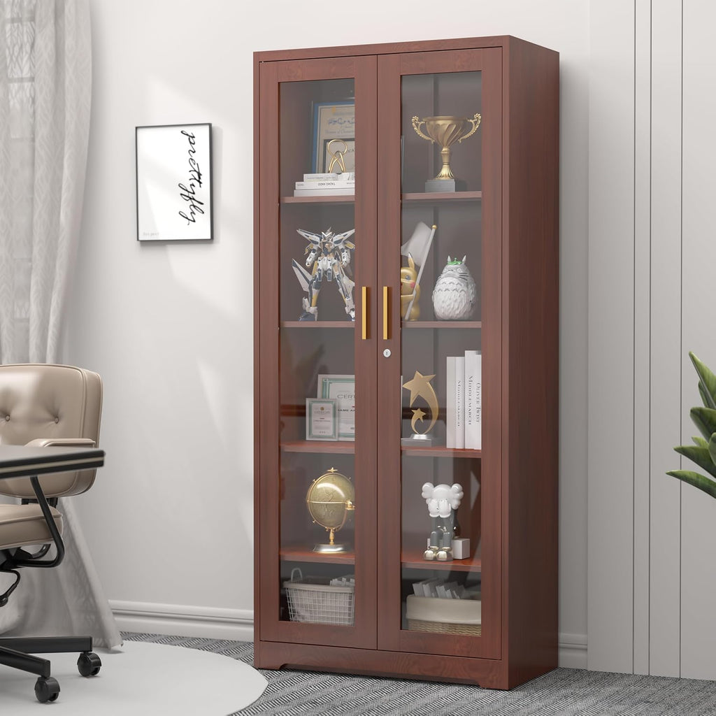 SteeLoong 71' Glass Display Cabinet with Lock,Curio Cabinet with Glass Doors, Metal Display Case with 4 Adjustable Shelves, Brown Bookcase Locking Storage Cabinets for,Liquor,Commercial