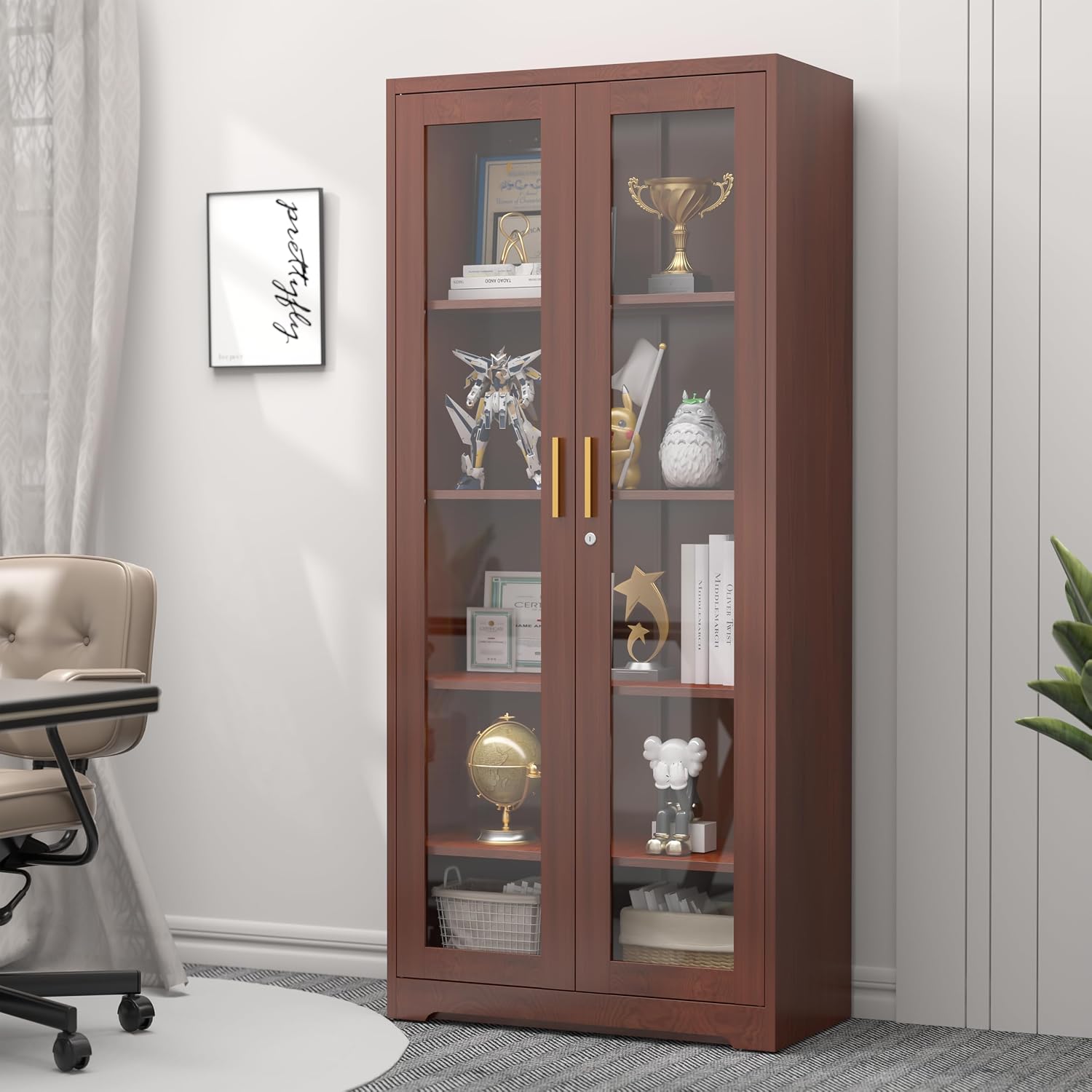 SteeLoong 71' Glass Display Cabinet with Lock,Curio Cabinet with Glass Doors, Metal Display Case with 4 Adjustable Shelves, Brown Bookcase Locking Storage Cabinets for,Liquor,Commercial