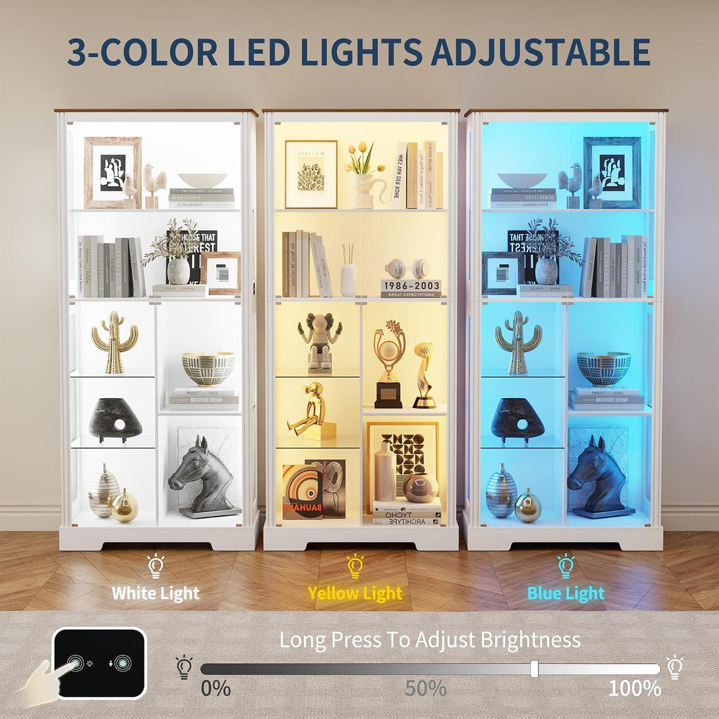 HNEBC 71'' Display Cabinet with 5-Tier and 3 Color Lights for Books Toys Liquor,Curio Cabinet with Human Body Bookcases for Bedroom, Living Room,White