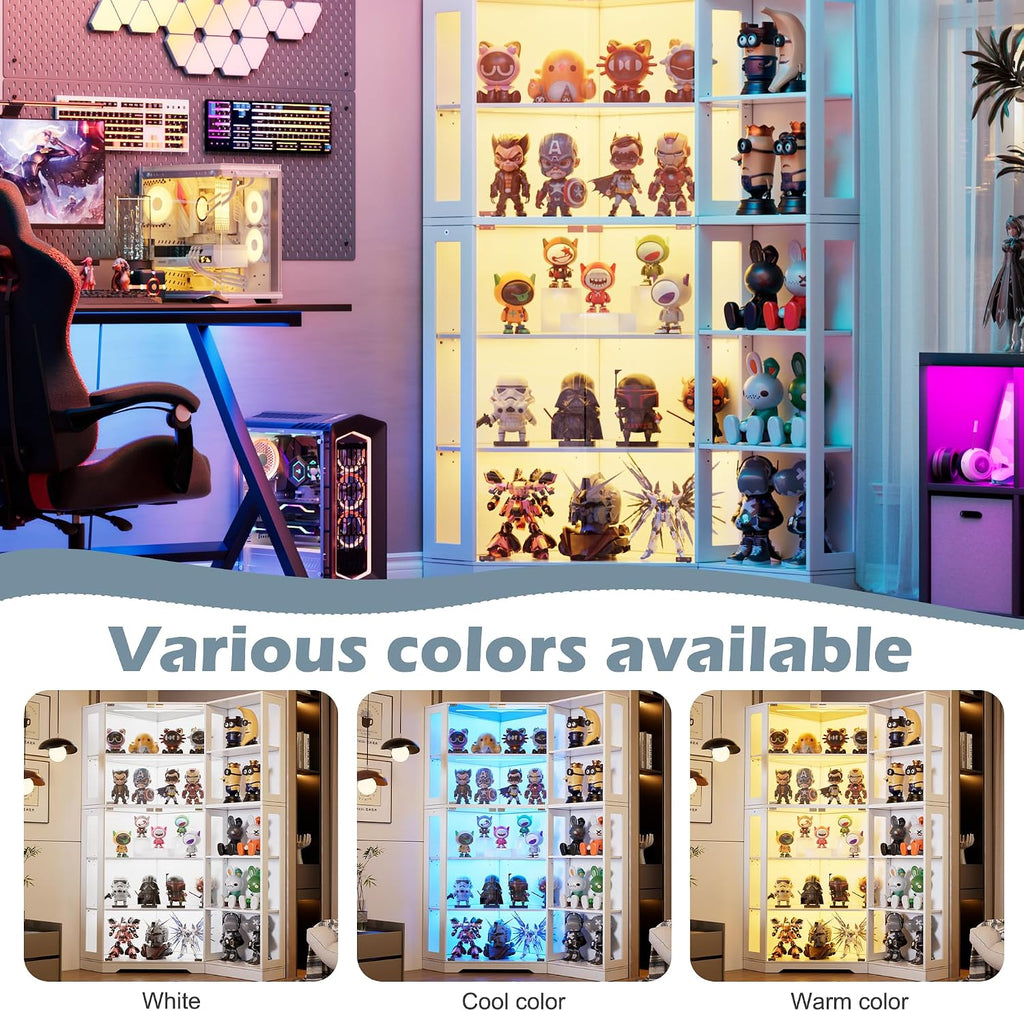 Corner Display Cabinet with Glass Doors, 71' Lighted Curio Cabinet with 3 Color Lights for Collectibles, 5-Tier Display Case with Extra Bookcase for Toys, Books (White)