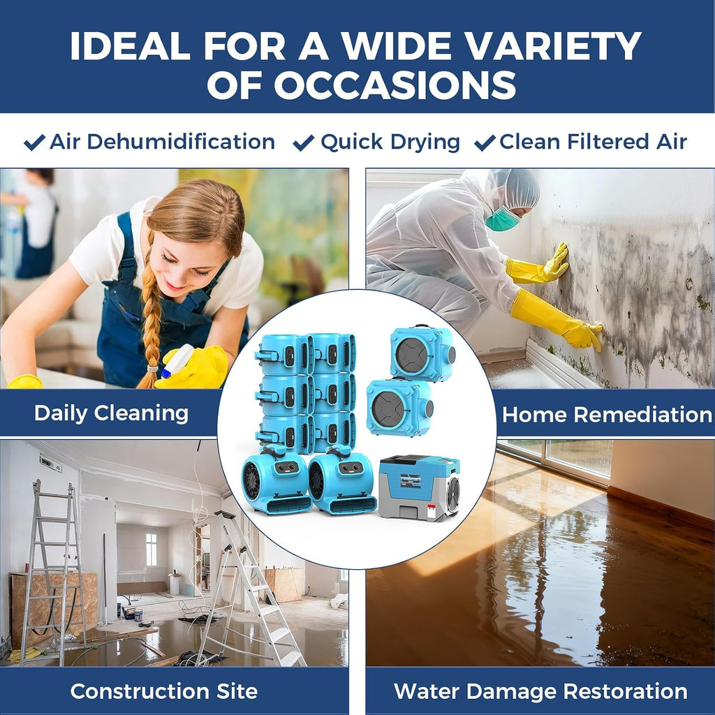 ALORAIR Water Damage Restoration Combo Package 8x Air Mover 2x Air Scrubber 1x Commercial Dehumidifier Ideal for Industrial, Commercial & Home Use-Set 3