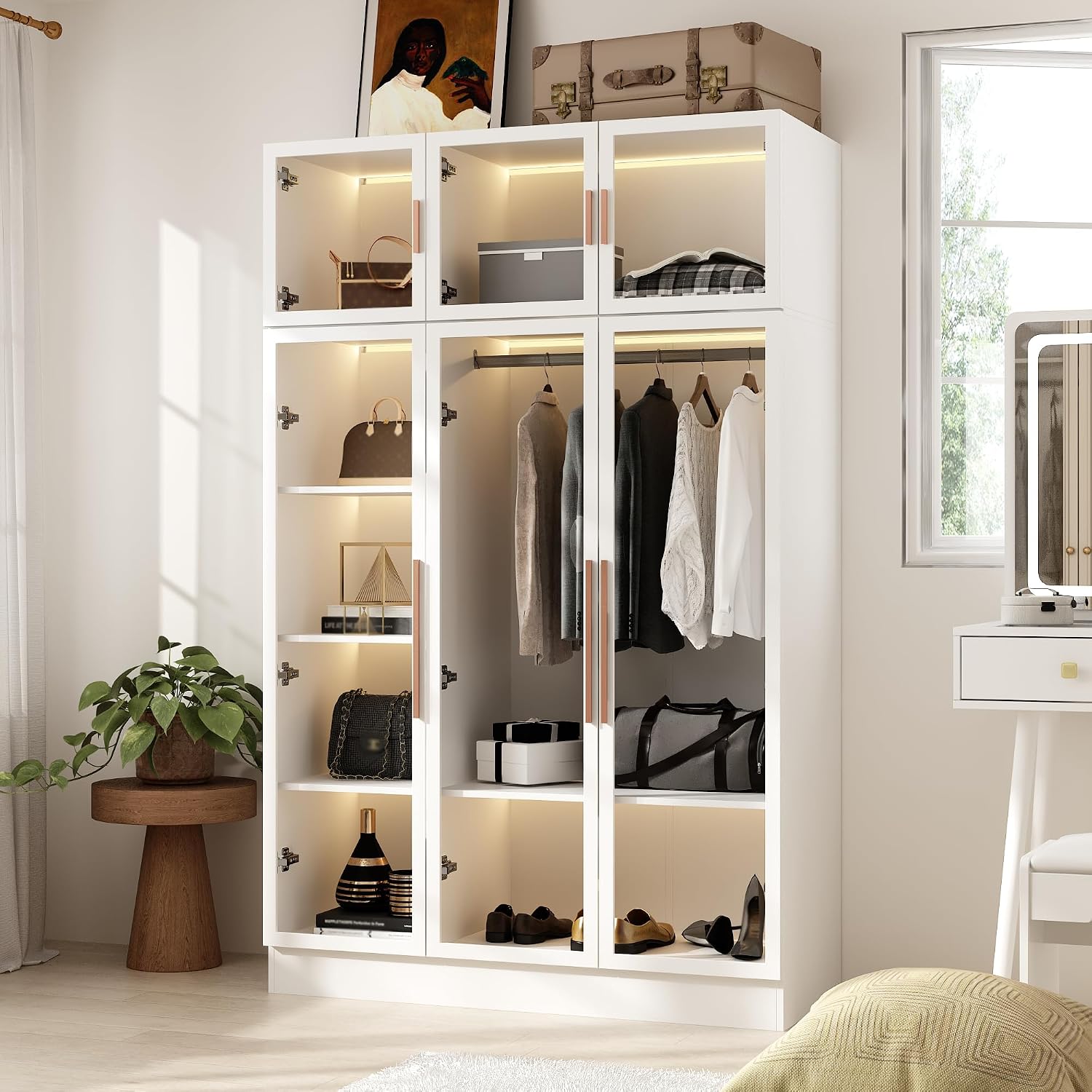 Wardrobe Cabinet with LED Lights, Armoire Closet with Glass Doors, Wooden Large Wardrobe with Hanging Rod & 5 Tiers Shelf, Modern Bedroom Armoire Clothes Organizer, White 47.2' W