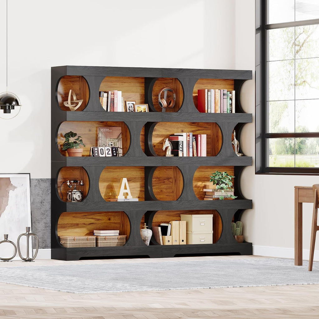 Tribesigns 71' Tall Bookcase Set of 2, 4-Tier S-Shaped Bookshelf, Wood Decorative Storage Shelving, Modern Freestanding Display Shelves, Large Library Bookshelf Unit for Home Office, Black & Brown