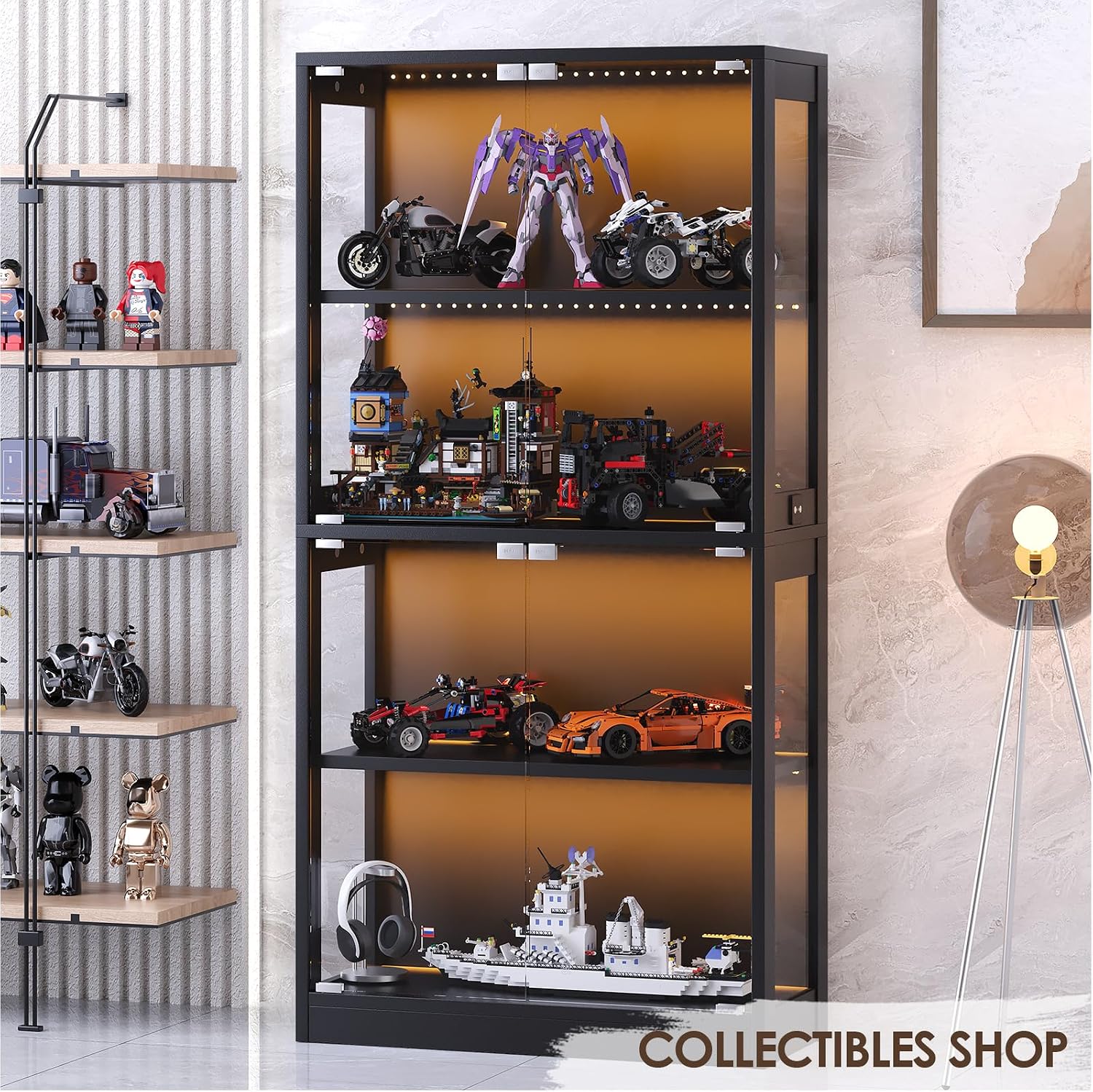 Airynee Display Cabinet with Glass Doors 4-Tier, 7 Vibrant Colors 3 Dynamic Lighting Modes, HD Glass Storage Cabinet with Human Body Sensor for Curio, Trophy, Collectibles (Black)
