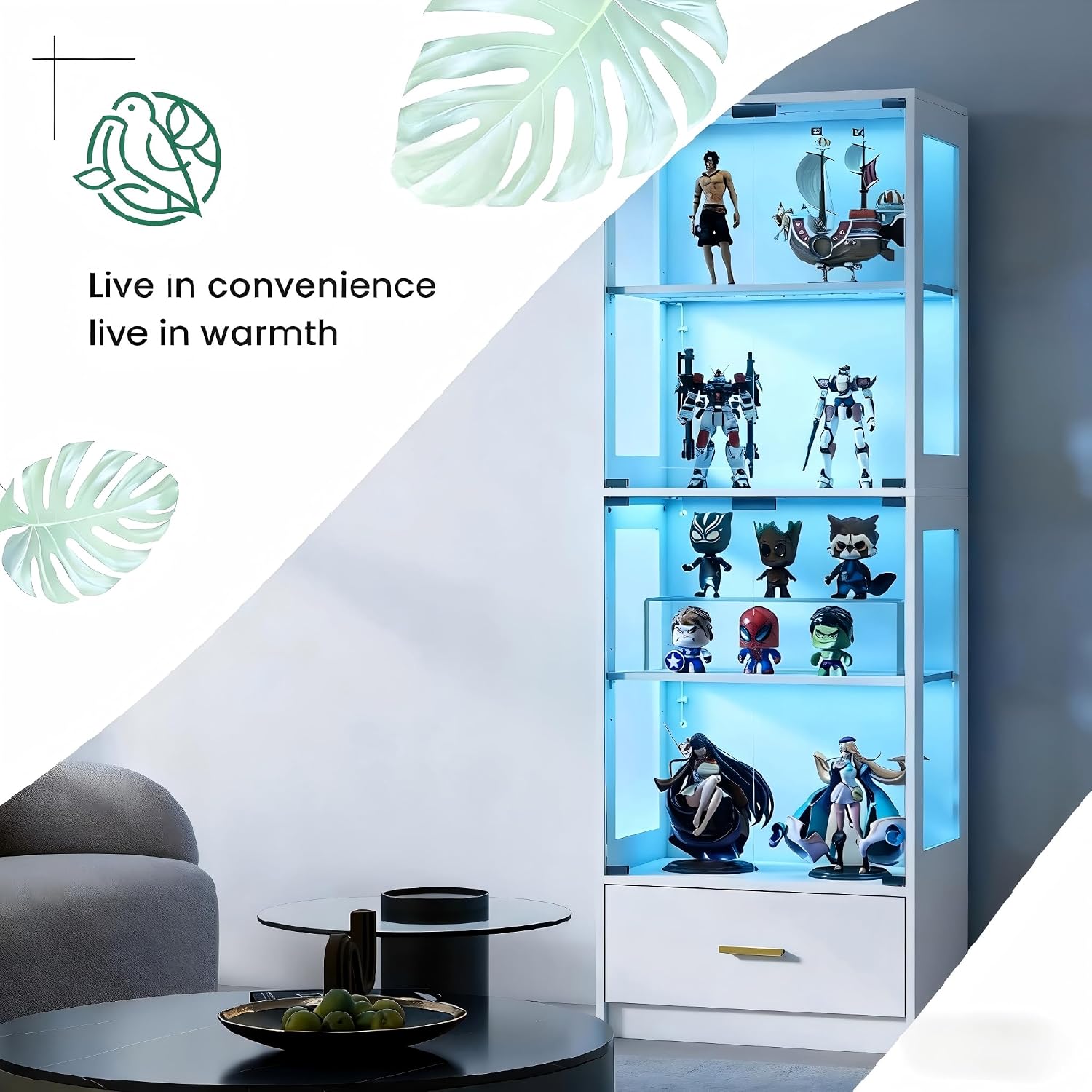 Lamtor Display Cabinet with Glass Doors - 67' Curio Cabinet with RGB LED Lights and Drawer for Collectibles, 4 Tier Glass Display Case for Living Room, Office, White (Narrow)