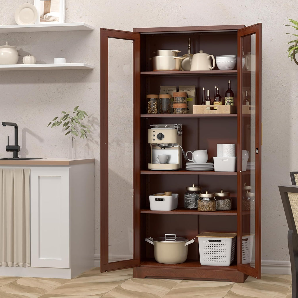 SteeLoong 71' Glass Display Cabinet with Lock,Curio Cabinet with Glass Doors, Metal Display Case with 4 Adjustable Shelves, Brown Bookcase Locking Storage Cabinets for,Liquor,Commercial