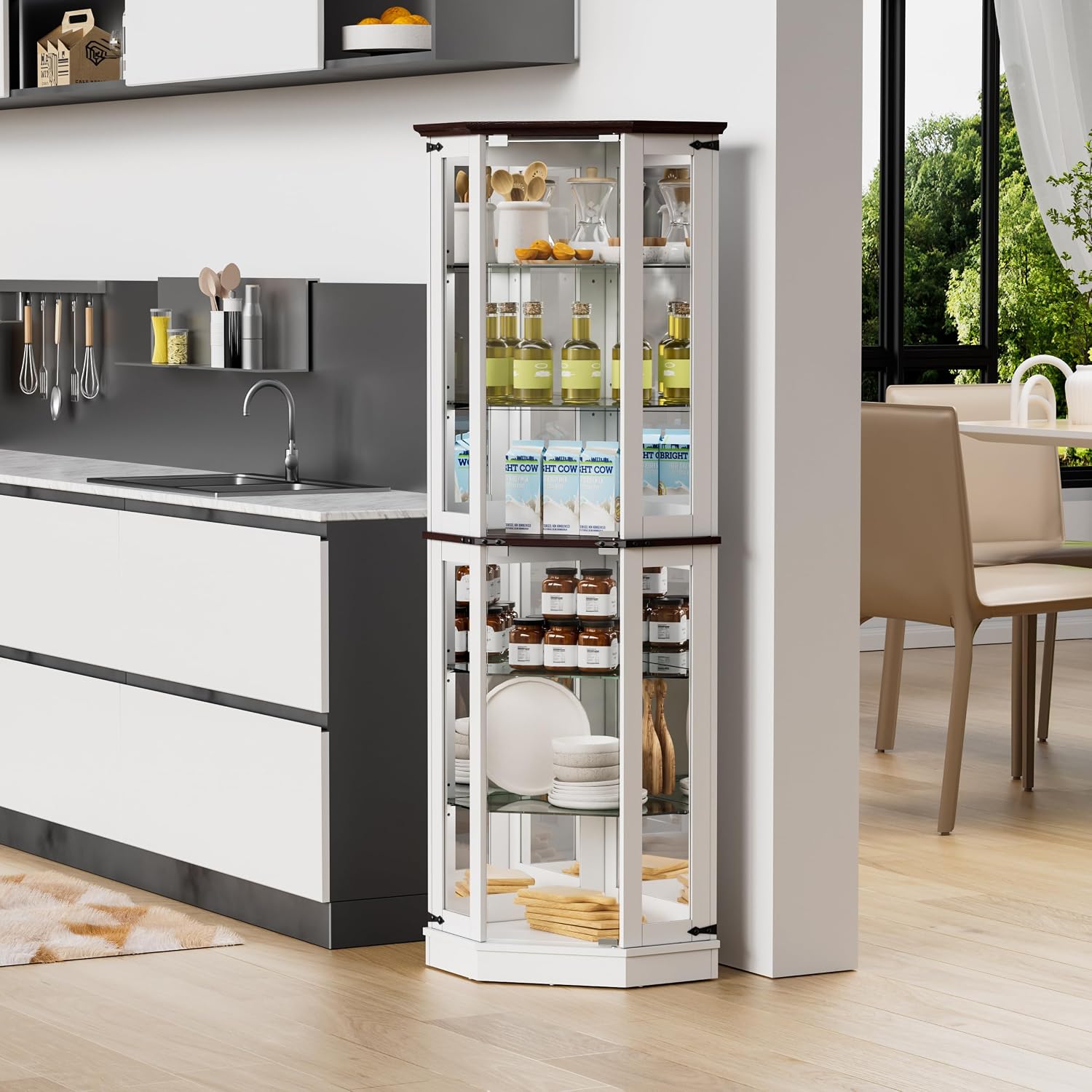 PAKASEPT 71'' Farmhouse Display Curio Cabinet with LED Lights,Tempered Glass Doors,6 Shelves,Floor Standing Display Cage Corner Wine Cabinet Storage Rack for Bar and Liquor Storage,White