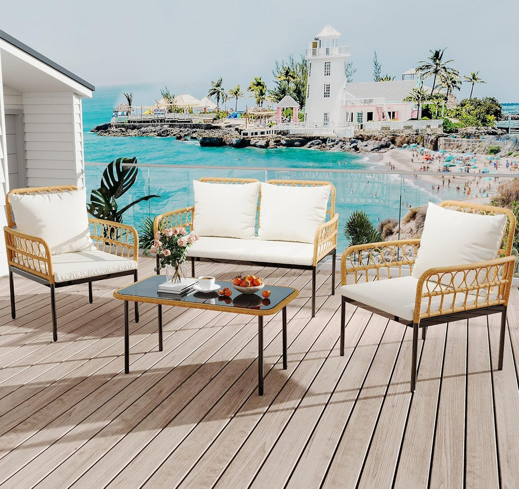 4-Piece All-Weather Rattan Bistro Patio Furniture Set with Deep Seating, Waterproof Thick Cushions, Soft Cushions, and Metal Coffee Table - Ideal for Garden and Porch Outdoor Relaxation