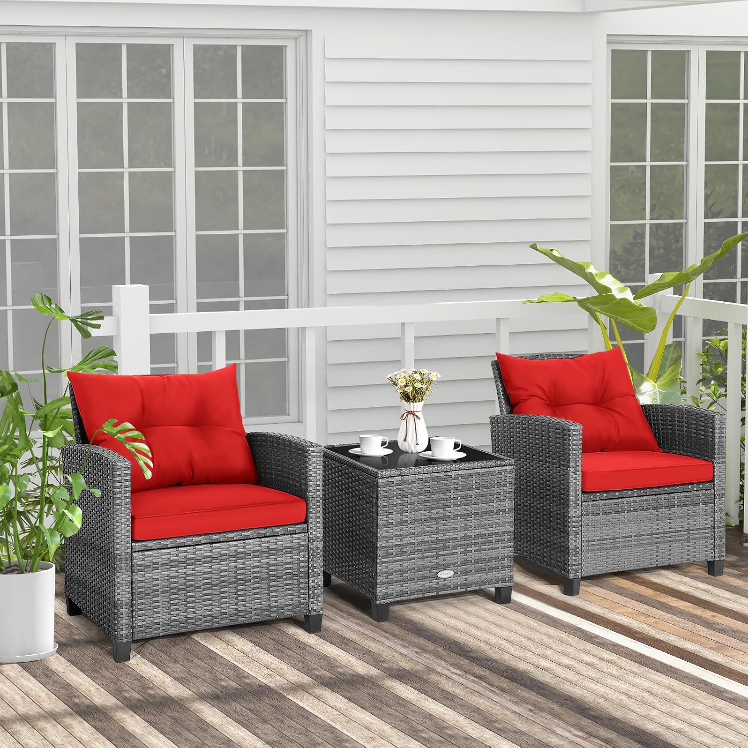 Tangkula 3 Pieces Patio Furniture Set, Outdoor PE Rattan Conversation Chair Set with Tempered Glass Side Table and Removable Cushions, PE Wicker Chairs and Table Set for Porch, Balcony and Garden