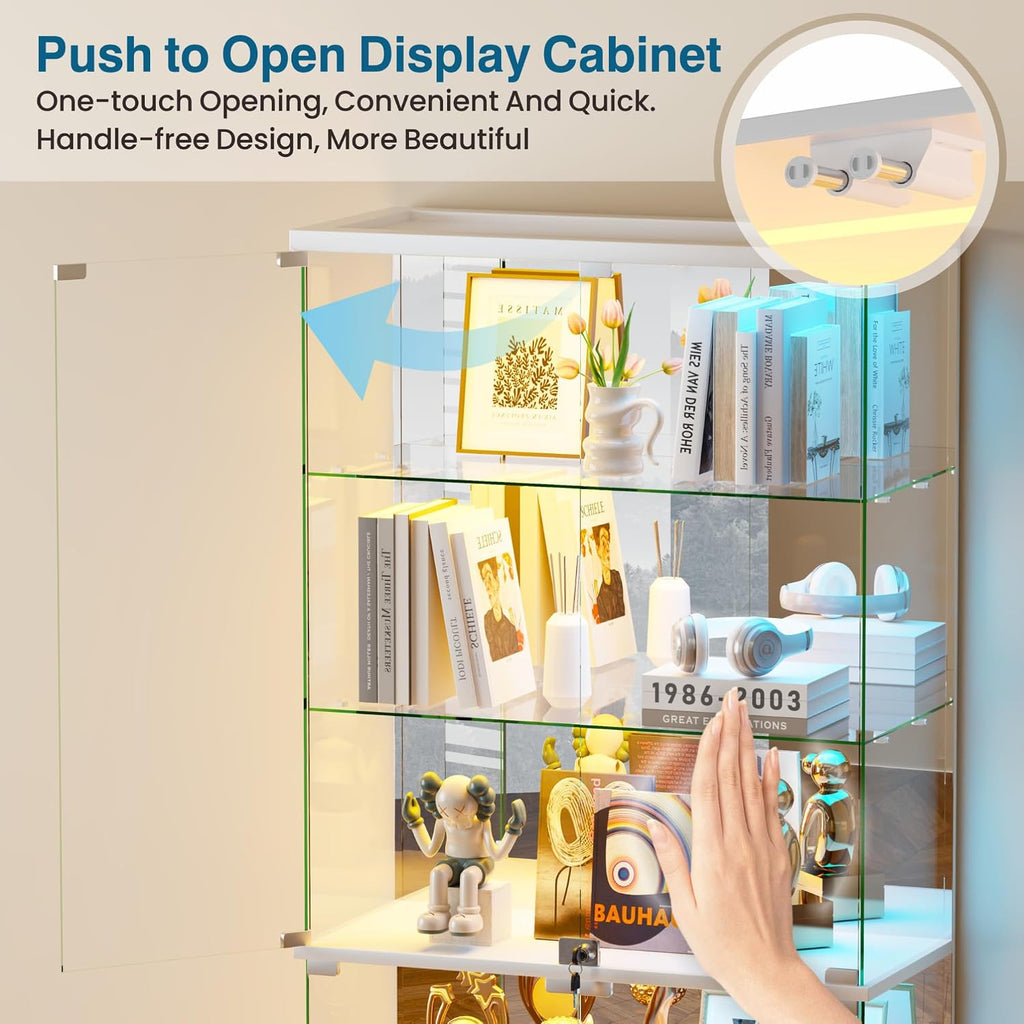 HNEBC 5 Tier Glass Display Cabinet, 66.9' Curio Cabinet with RBG Lights, Display Cases with Lockable and Human Body Sensor, Bookcases for Collectibles, Figurines, Books, Toys, White