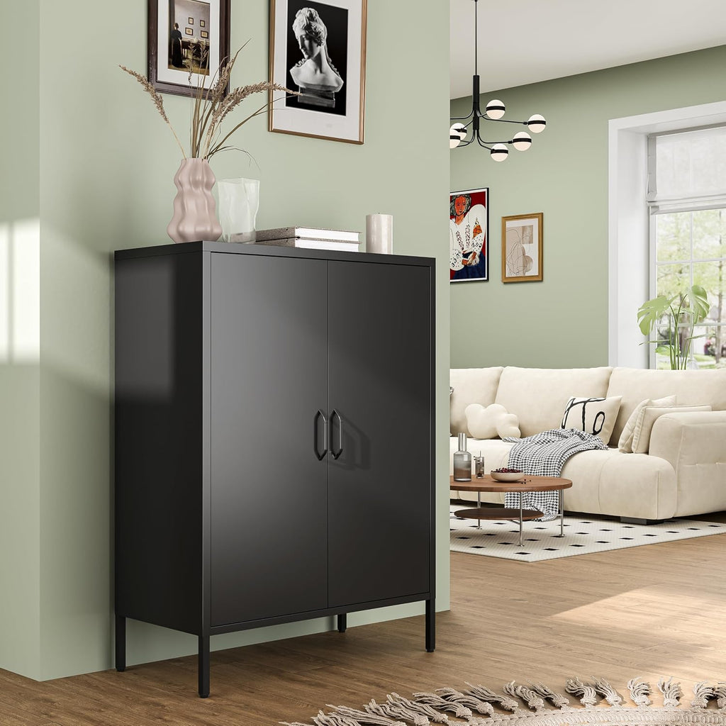 Bevivog Metal Locker Storage Cabinet, Home Office Metal Storage Cabinet Small Sideboard with 2 Doors and 2 Adjustable Shelves,40' Counter Cabinets for Office Garage Bathroom Living Room Hallway