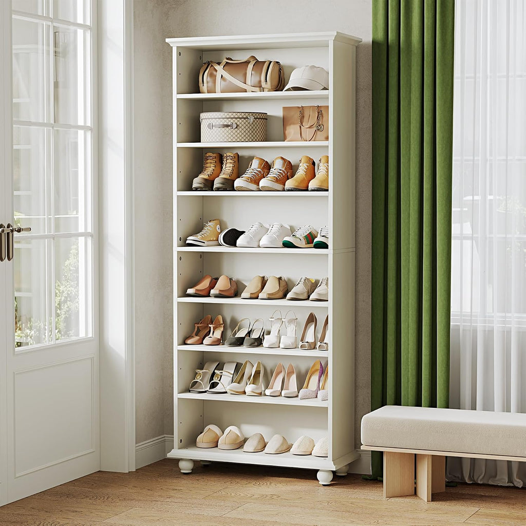 LITTLE TREE 69-Inch Tall Shoe Cabinet with LED Light Strip & Adjustable Shelves, White Wooden 8-Tier Shoes Display Cabinet for 26 Pairs, Freestanding Modern Shoe Cabinet for Entryway