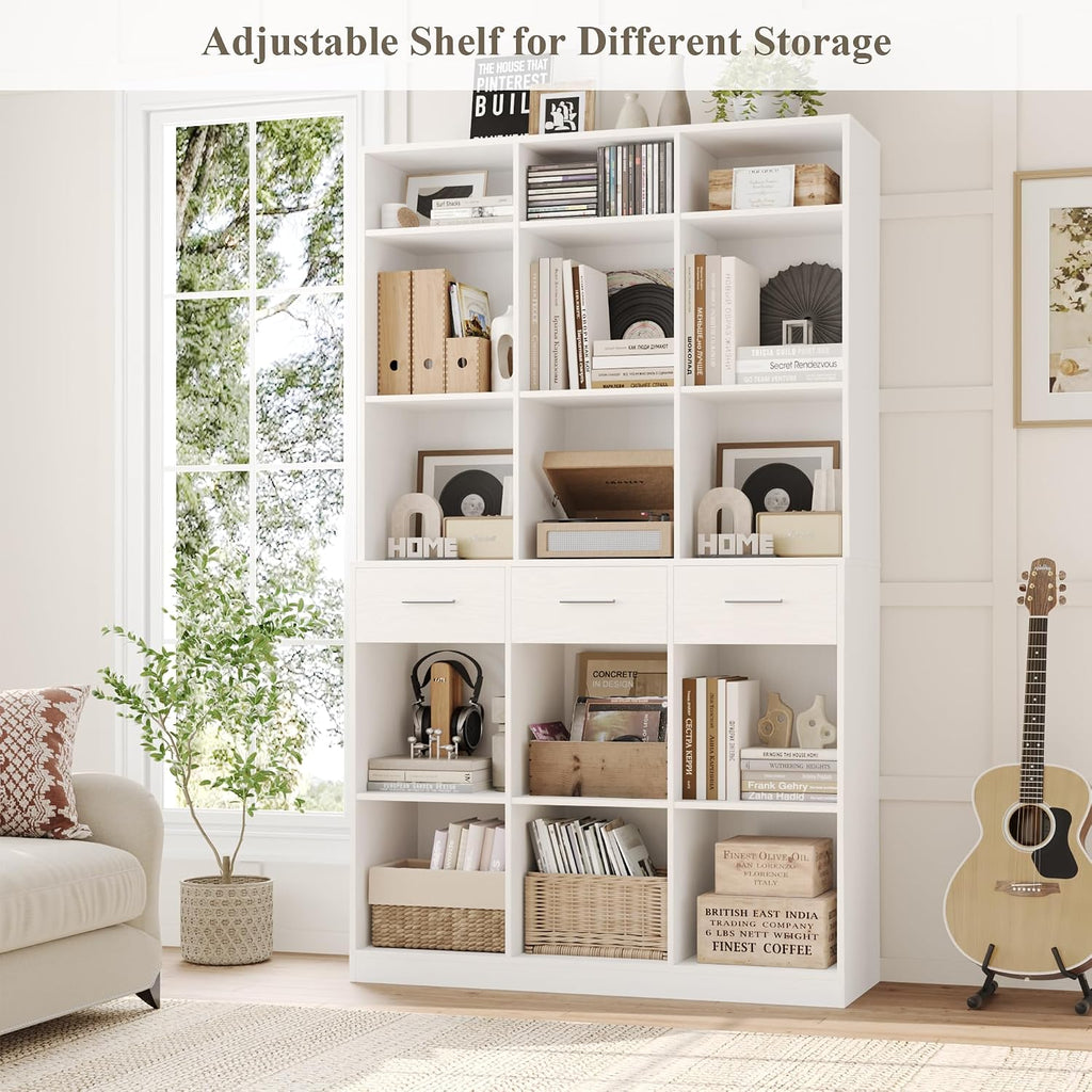 HOSTACK 75' Tall Book Shelf and Bookcase, 47' Wide Bookshelf with Drawers, Modern 9 Tier Bookcase with Storage, Large Wood Display Cabinet with Adjustable Shelves for Living Room, Home Office, White