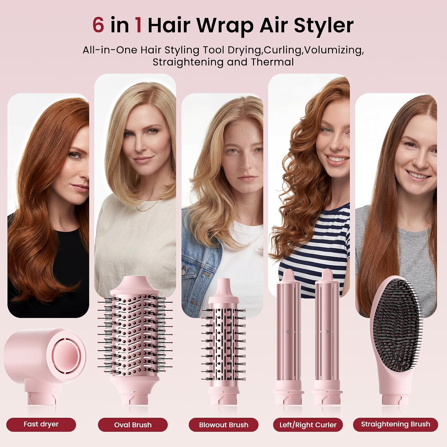MESCOMB 6 in 1 Hot Air Styler Wrap, Professional Hair Styler with Thermal Round Brush for Blowouts, Fast Drying for Blow Dry, Curling, Volumizing, Straightening, Salon Results in Minutes (Light Pink)