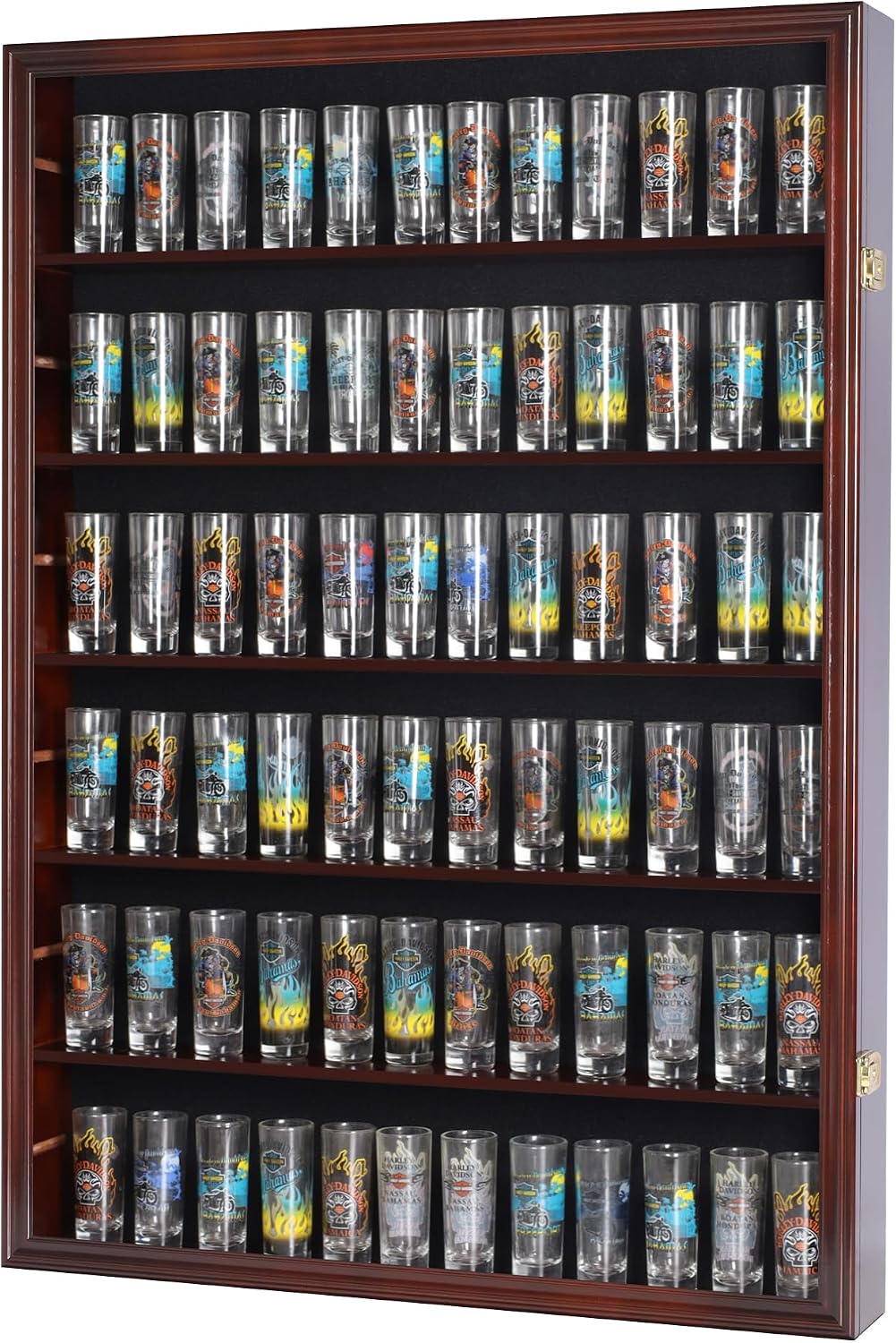 144 Shot Glass Shooter Display Case, Glass Collection Hollder Wall Mount Cabinet, UV Protection, Removable Shelves, Cherry Finish