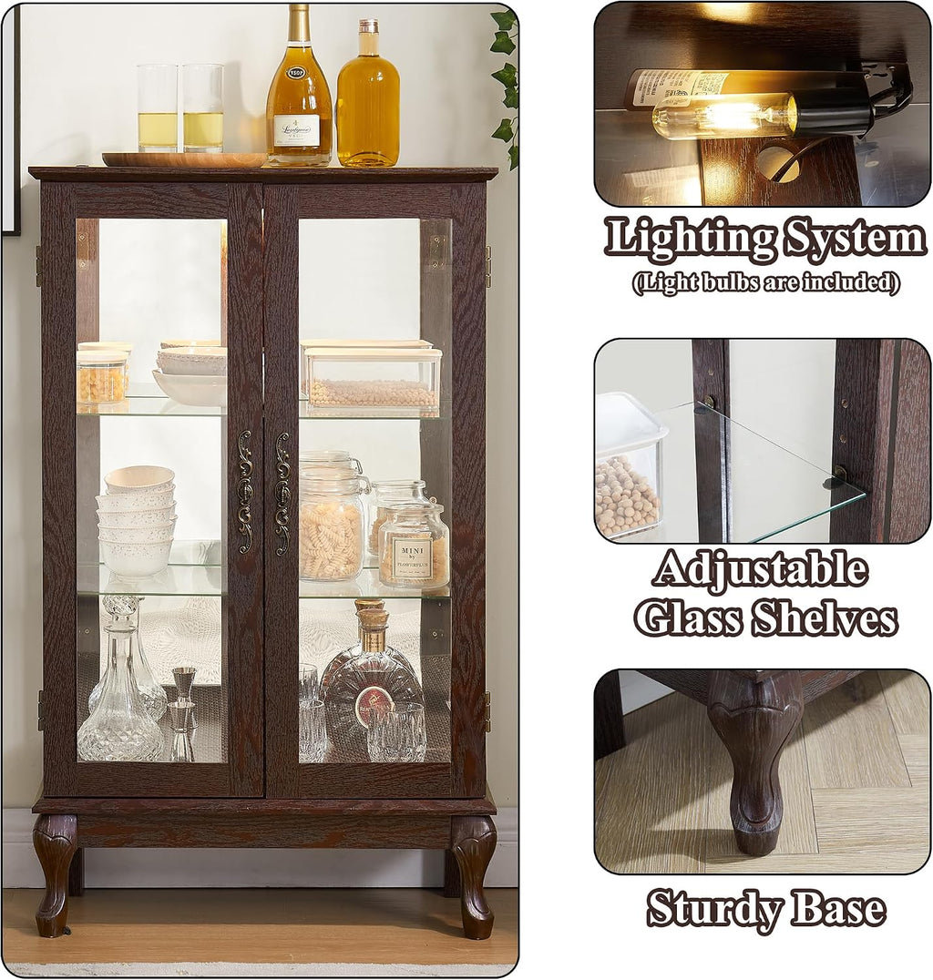 43' H Lighted Curio Cabinet Display Case, Glass Curio Cabinet with Adjustable Shelves and Tempered Glass Door, Wooden Cabinets w/Mirrored Back Pane for Living Room (Dark Cherry)