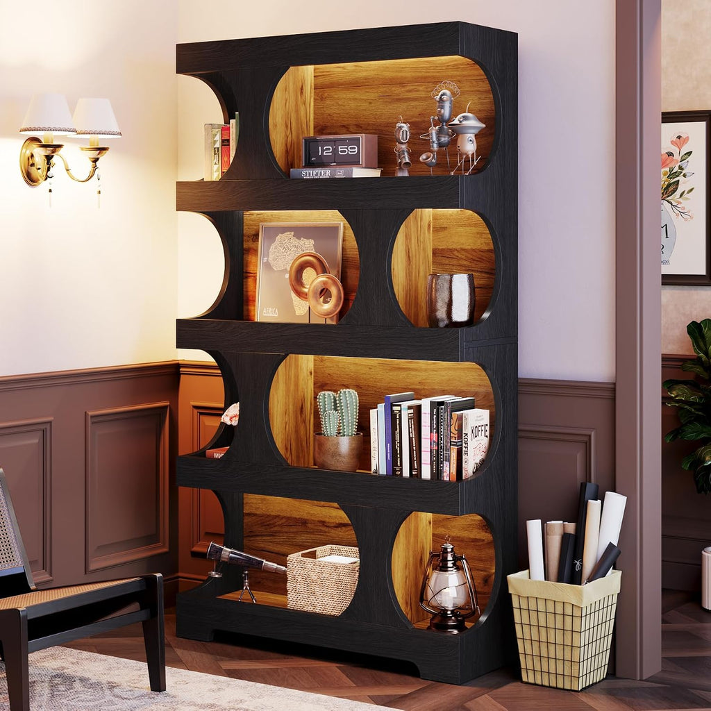 Tribesigns 71' Tall Bookcase, 4-Tier S-Shaped Bookshelf, Wood Decorative Storage Shelving, Modern Freestanding Display Shelves, Large Library Book Shelf Unit for Home Office Living Room, Black & Brown