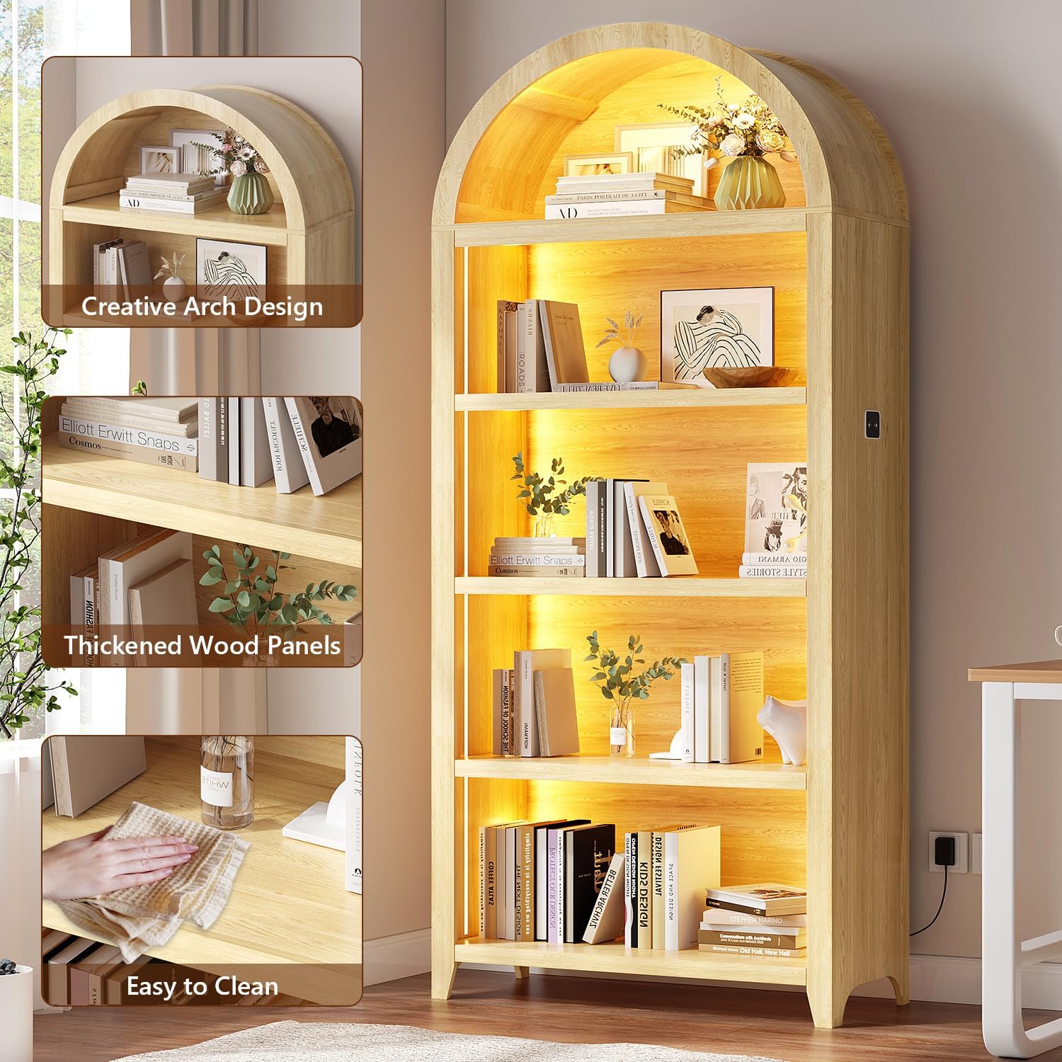 Arch Bookcase - 5 Layers Bookshelf with 3 Colors LED Sensor Lights and Thickened Wooden Design Display Shelf for Lego Books Bathroom Living Room - Ideal Gift (Light Wood)