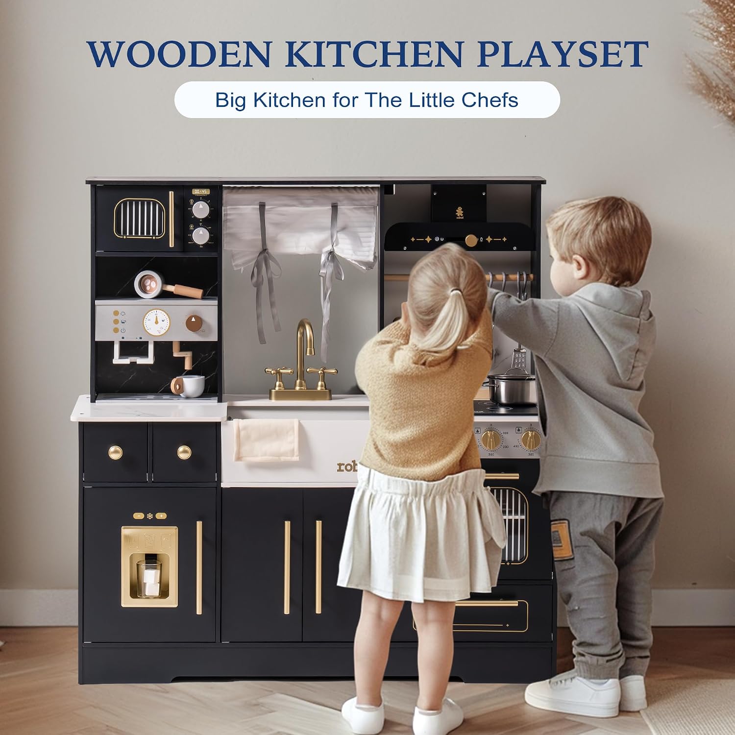 ROBUD Wooden Play Kitchen Set for Kids and Toddlers with Coffee Machine, Ice Maker, Microwave, Oven, Large Cabinet, 12 Accessories, Gift for 3+, Black