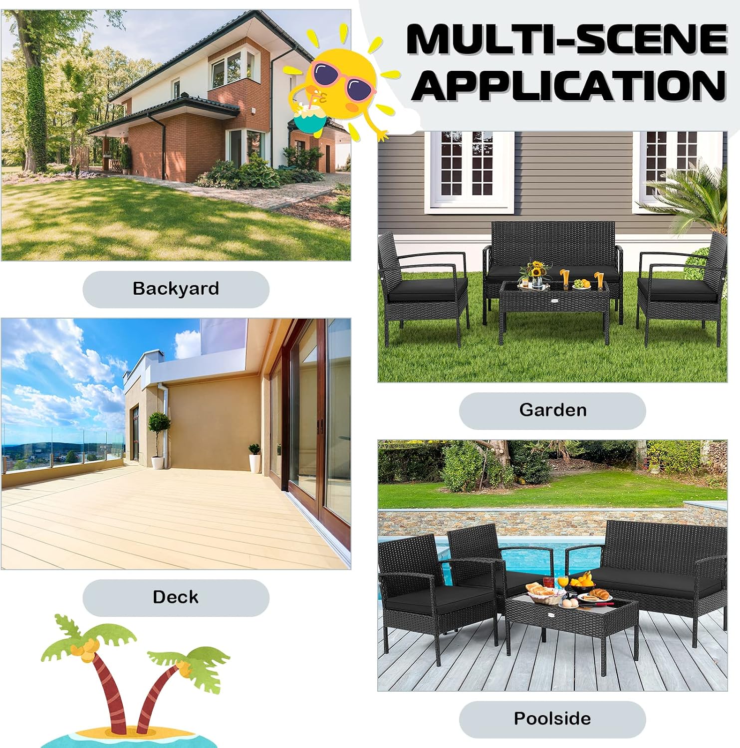 Tangkula 4 Piece Patio Rattan Conversation Set, Outdoor Wicker Furniture Set W/Glass Coffee Table, Solid Steel Structure, Ergonomic Seat, Suitable for Garden, Courtyard, Balcony, Poolside