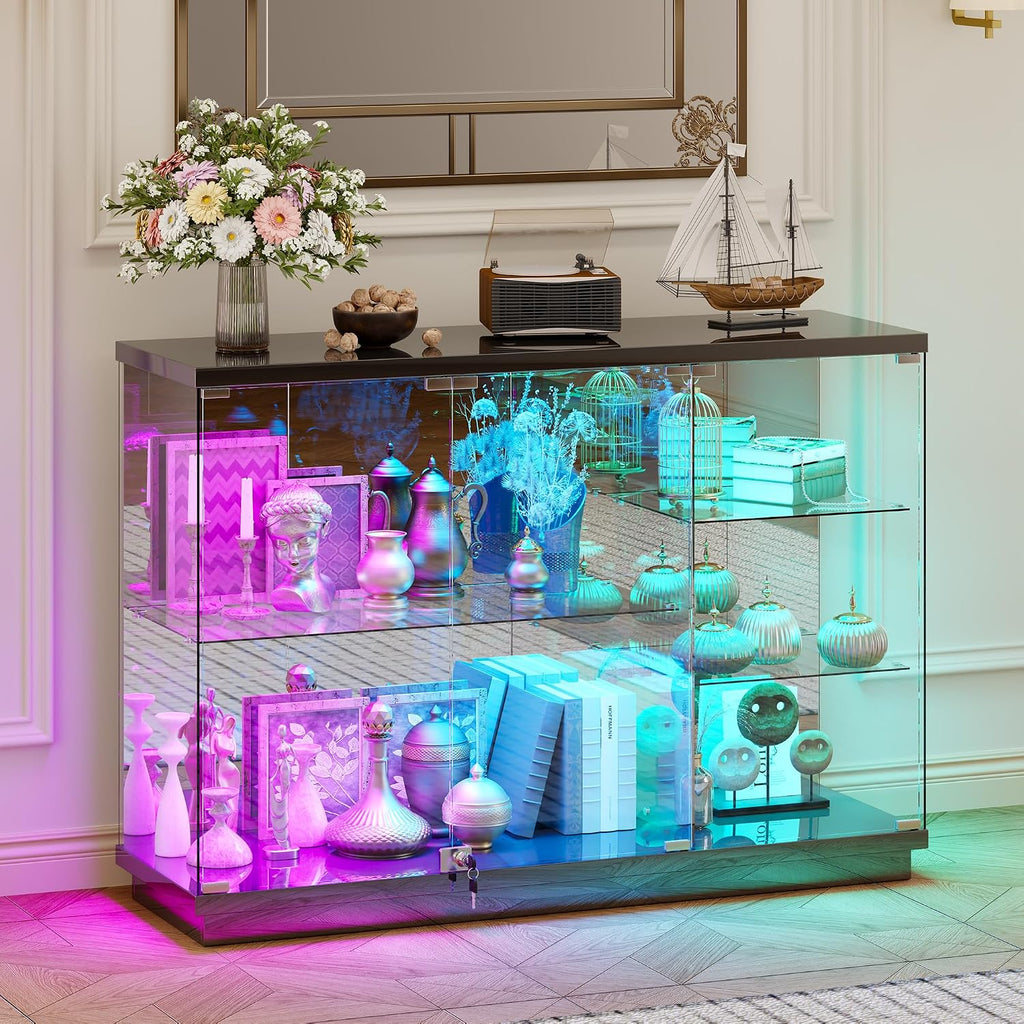 HNEBC 47.2' W Display Cabinet - with Lockable Glass Door,5-Tier Glass Display Case with 12 Lights Modes for Collectibles,Lighted Cuiro Cabinet with Human Sensor,China Cabinet,Living Room,Black
