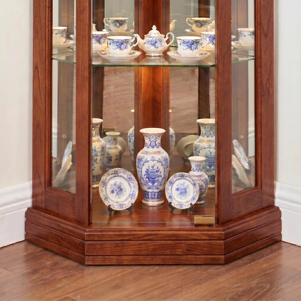 Casaphoria 72' Lighted Corner Curio Cabinet with Glass Doors, Antique Tall Display Cabinet for Collectibles with Arched Carved Crown for Liquor Storage, Living Room (Cherry)