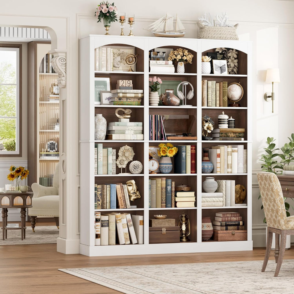 FACBOTALL 71' Triple Wide Bookshelf, 6 Tier Tall Bookshelf, Large Bookcase with Curved Baffle, 63.4' Wide Book Shelf with 18 Open Display Shelves for Living Room, Study, Walnut and White