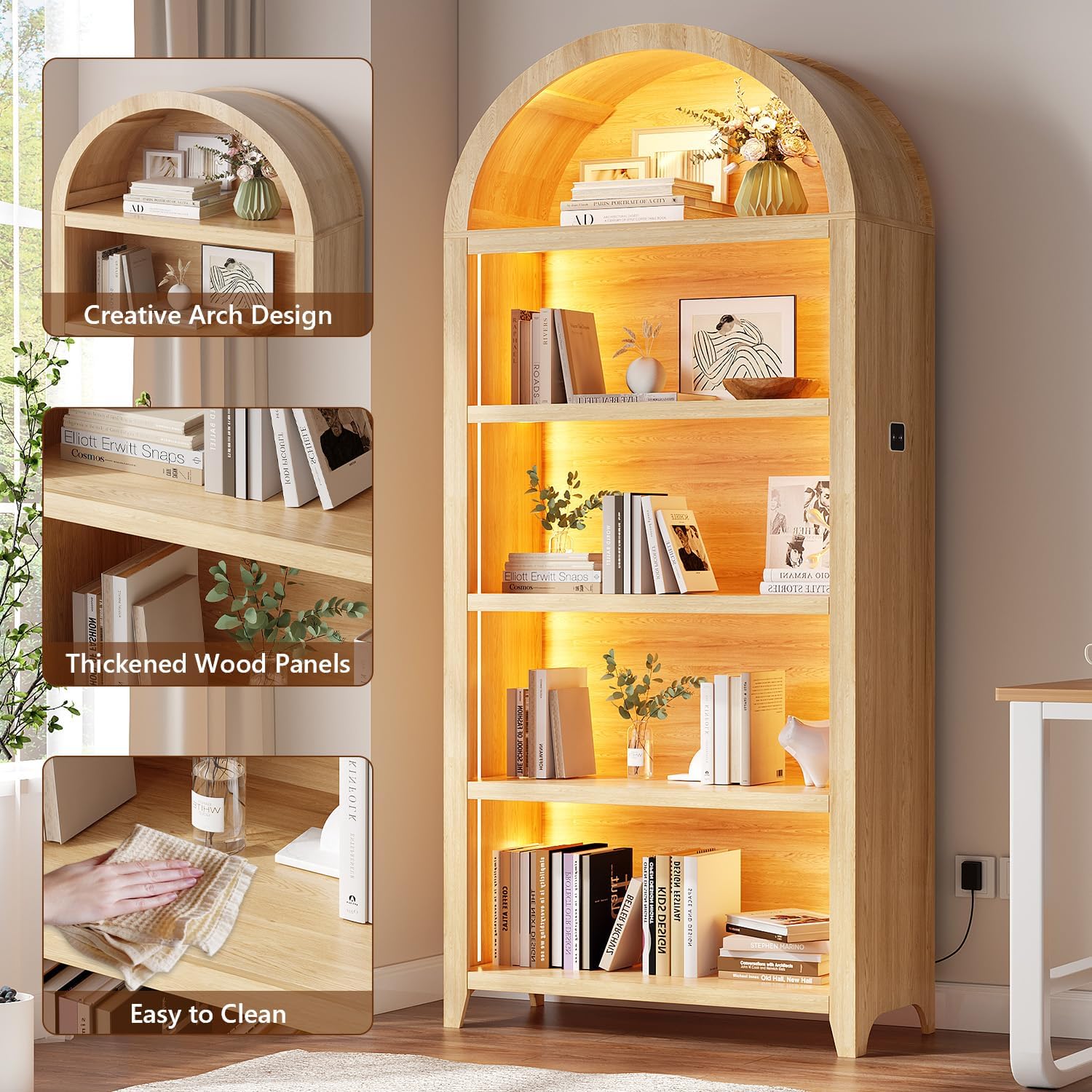 Arch Bookcase - 5 Tiers Bookshelf with 3 Colors LED Sensor Lights and Thickened Wooden Design Display Shelf for Lego Books Bathroom Living Room - Ideal Gift (Wood)