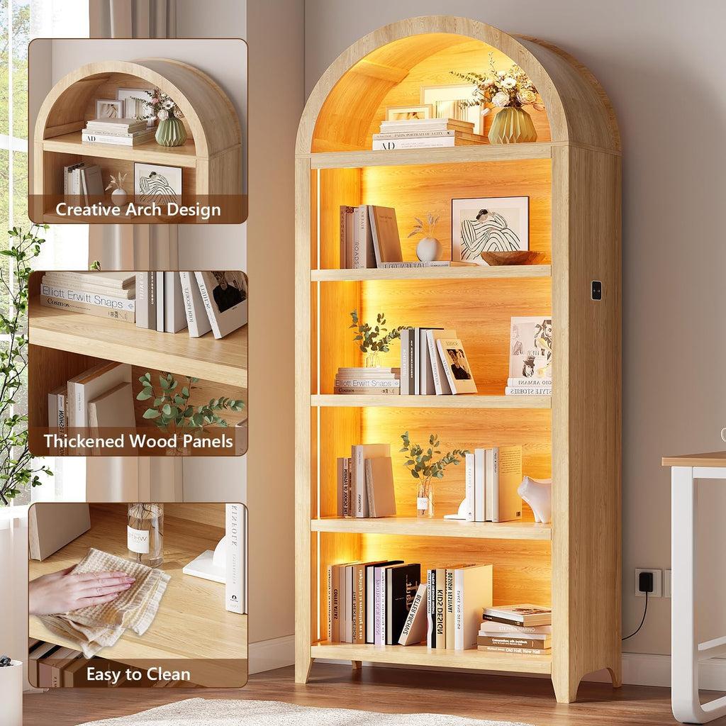 Arched Bookcase - 5 Layers Bookshelf with 3 Colors LED Sensor Lights and Thickened Wooden Design Display Shelf for Lego Books Bathroom Living Room - Ideal Gift (Wood)