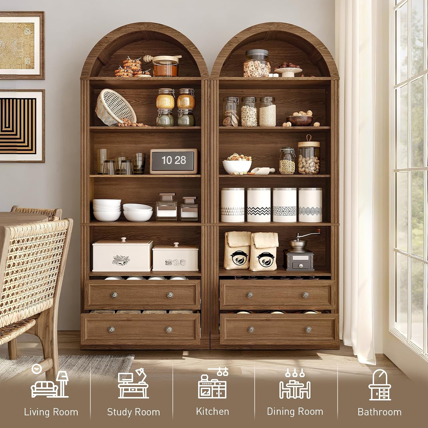 RALGEND Farmhouse Arched Bookshelf, 7 Tiers Arch Bookcase with 2 Spacious Drawers, Modern Book Shelf with Open Display Shelves and Storage Cabinet, for Office, Living Room, Kitchen, Walnut