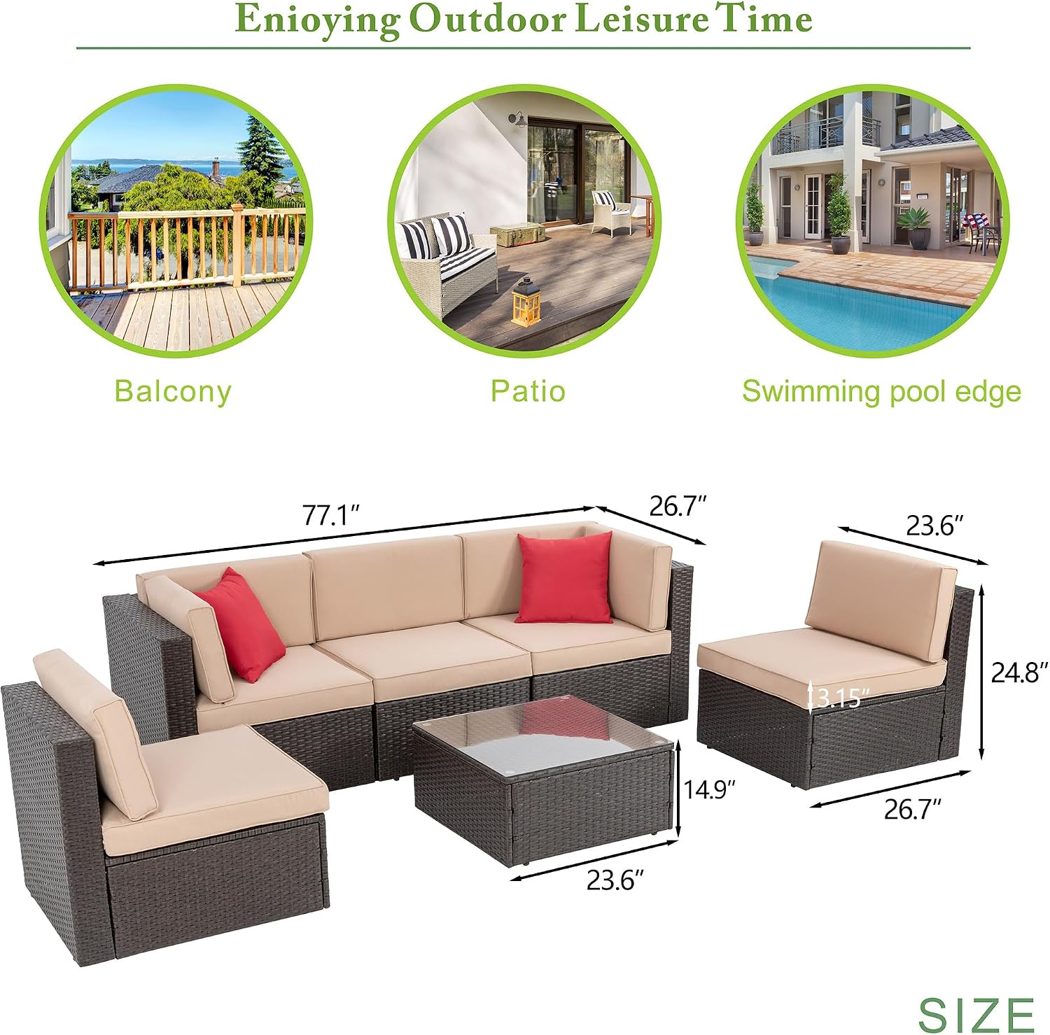 Vongrasig 6 Pieces Outdoor Patio Furniture Set, PE Wicker Rattan Sectional Sofa Small Patio Conversation Sets with Coffee Table for Garden, Backyard, Poolside (Beige)