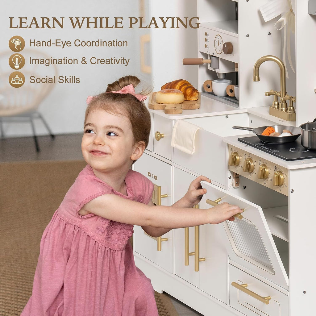 ROBOTIME Pretend Play Kitchen for Kids, Wooden Toy Kitchen with Ice Maker, Coffee Machine, Oven & Accessories – Fun Kitchen Set for Girls & Boys Age 3+