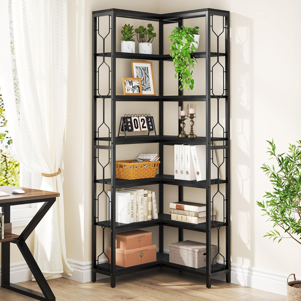 Tribesigns Corner Shelf, 7-Tier Industrial Corner Bookshelf, Wood and Metal Corner Etagere Bookcase, Freestanding Display Shelf for Living Room, Kitchen, Home Office, Light Black