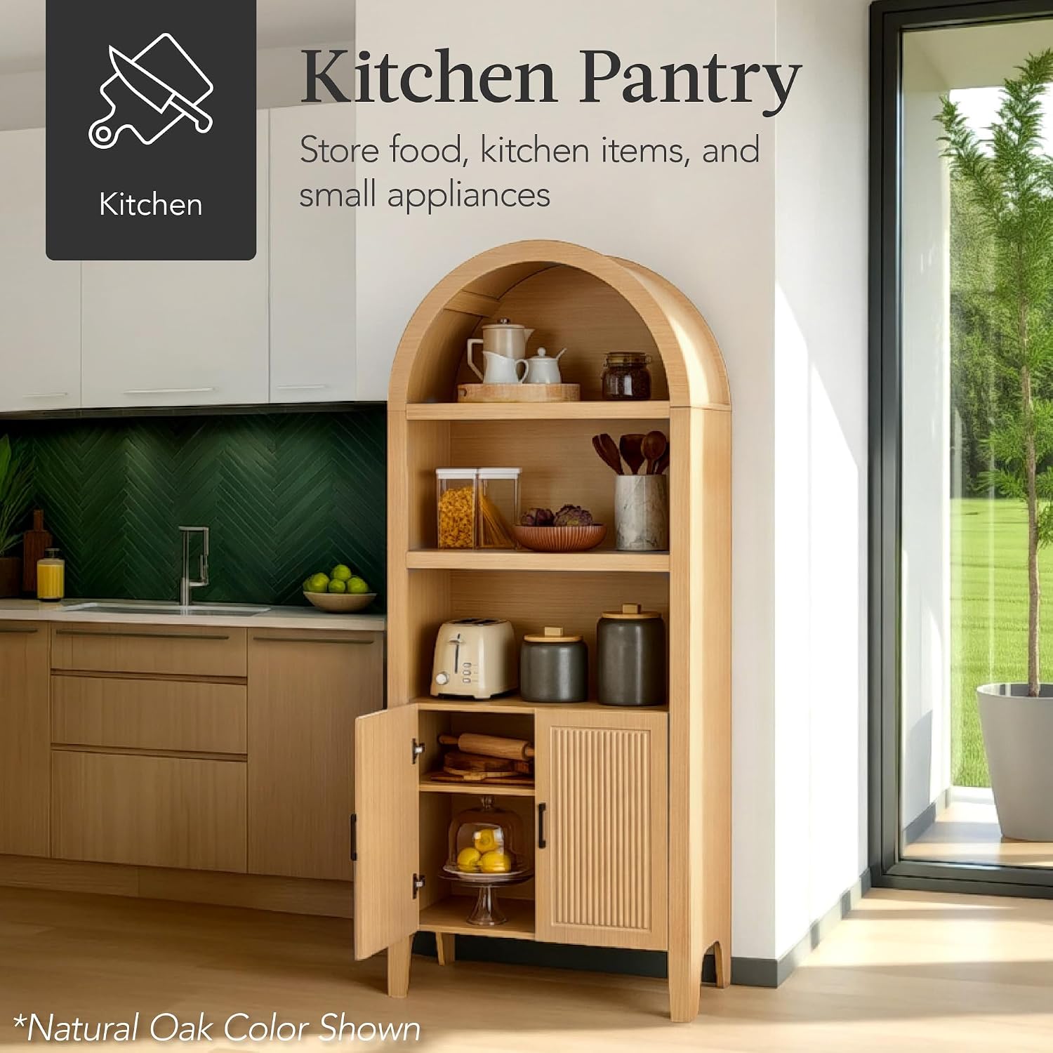 Best Choice Products 72' Tall Arched Pantry Cabinet w/Reeded Doors, 5-Tier Bookshelf, Armoire, Hutch, Bookcase, Storage Cabinet w/Adjustable Shelves, for Dining Room and Livingroom - Black Oak