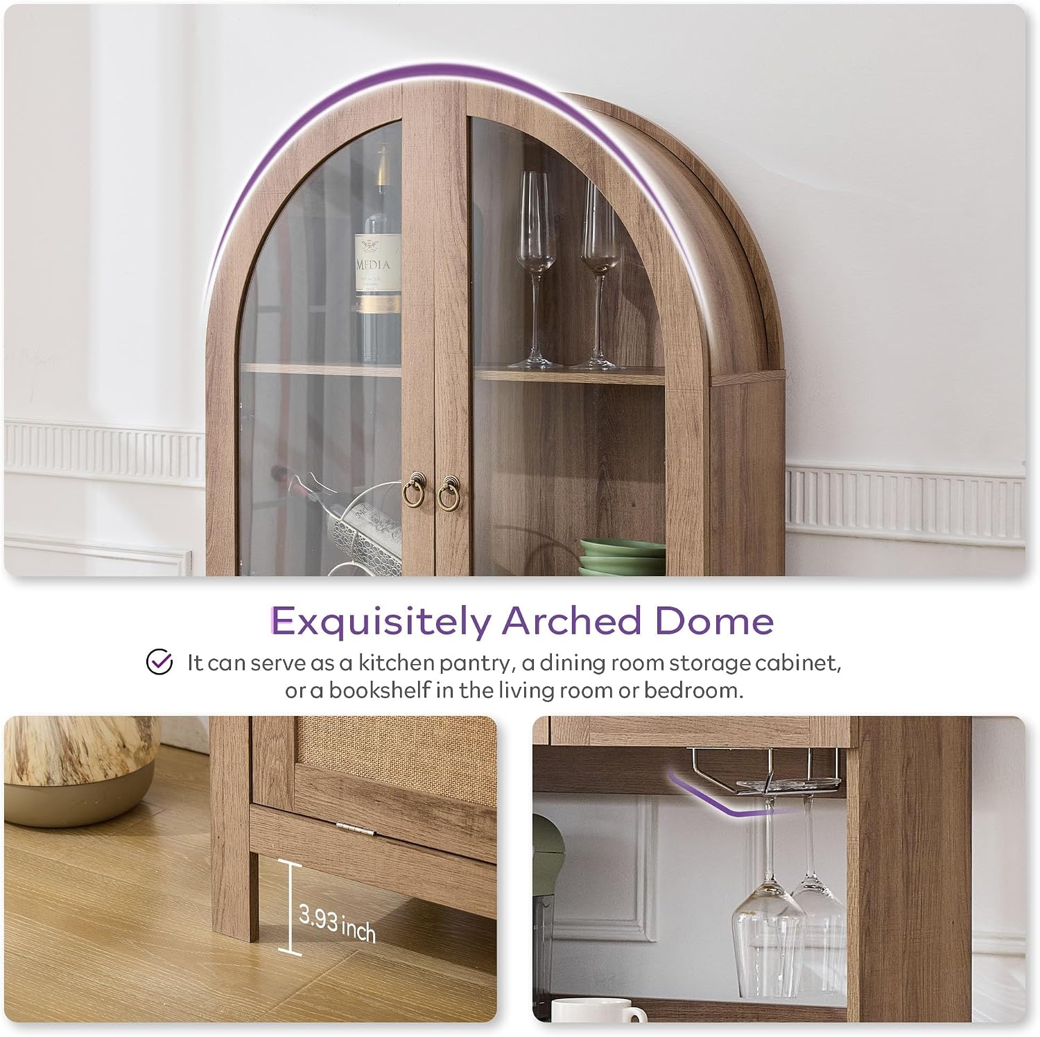 TYBOATLE 75'' Tall Arched Cabinet w/Accessible Storage Area, China Cabinet w/Anti-Tipping Device and Innovative Drawer, Versatile Cupboard for Kitchen, Dining (Natural)