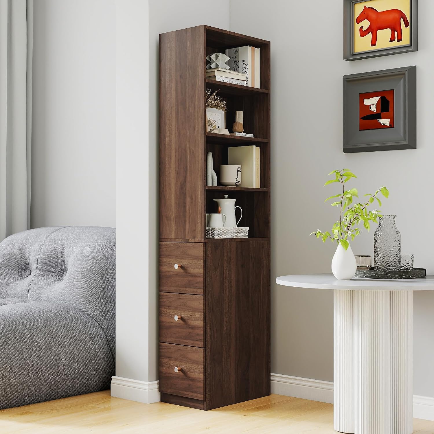 71' Wooden Melamine Finish Showcase Cabinet, Lego Display Case with 4-Tier Shelves, Lego Display Shelves with 3 Side Drawers for Living Rooms, Home Offices, Kitchens, Walnut