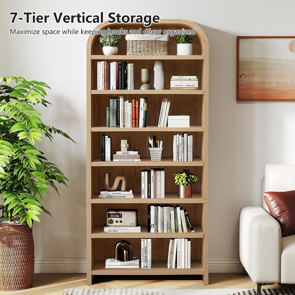 LEVNARY 70' Tall Arched Bookcase, 7-Tier Freestanding Storage Cabinet with Adjustable Shelves, Thick MDF Bookshelf for Bathroom Living Room Bedroom (Natural)