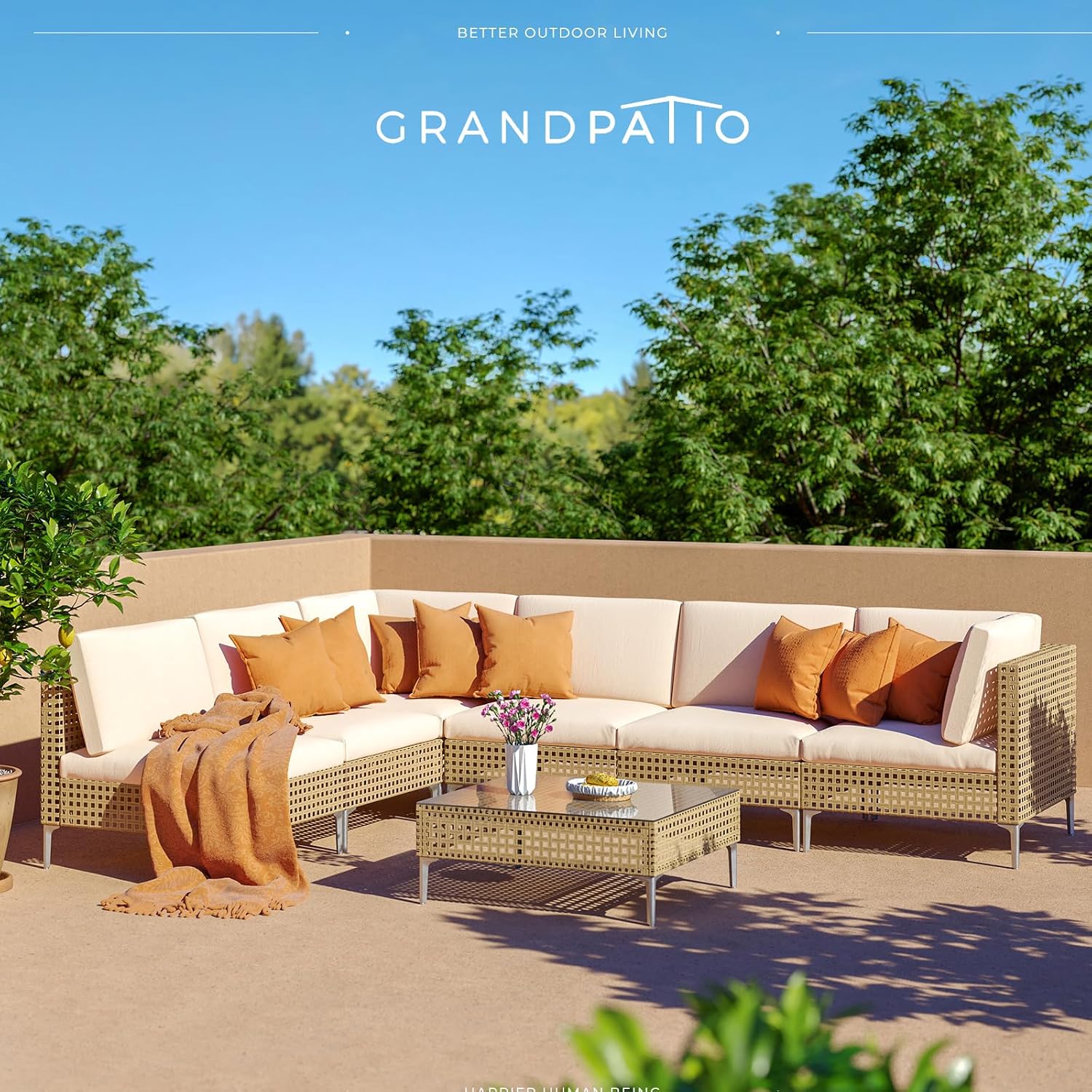 Grand patio 4-Piece Wicker Patio Furniture Set, Boho Outdoor Conversation Set Sectional Sofa with Water Resistant Thick Cushions and Coffee Table, Cream