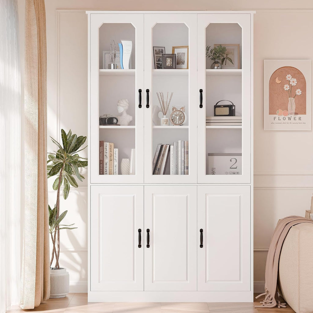 MU 78.7' Tall Kitchen Pantry with 3 Glass Doors, Freestanding China Cabinet with Adjustable Shelves, Large Kitchen Pantry Storage Cabinet Cupboard for Dining Room, Living Room, White (X-Large, 46' W)