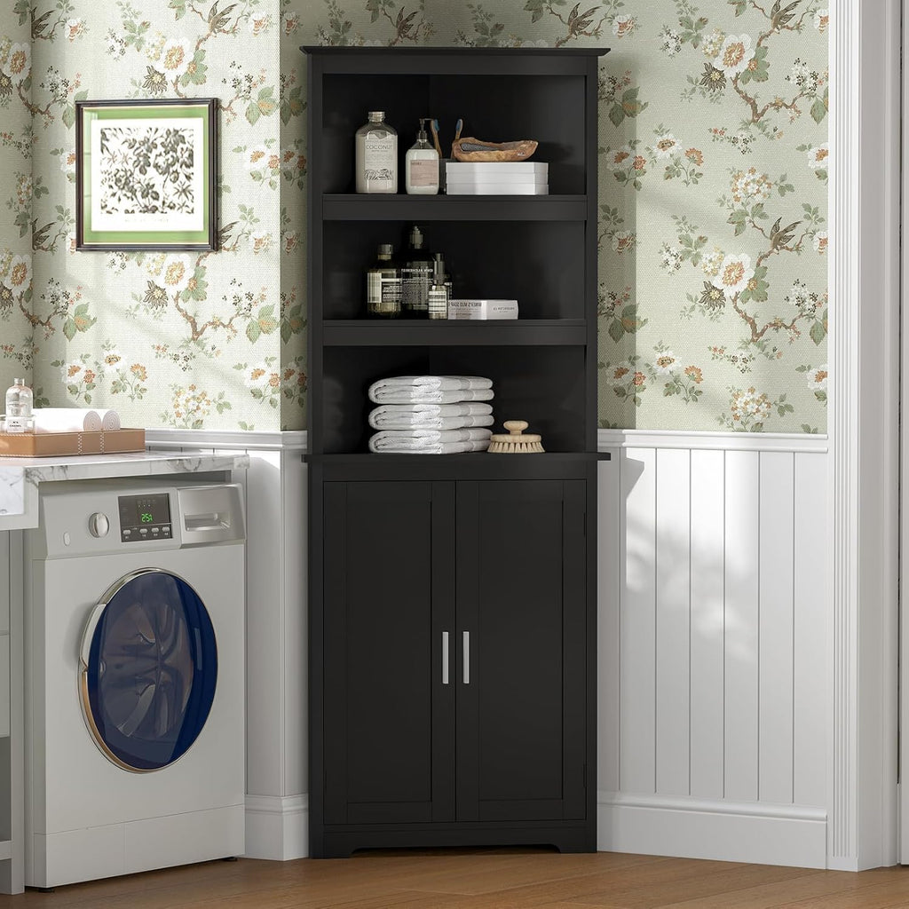 TEENFON Corner Cabinet, Tall Corner Hutch with 5 Shelves & 2 Doors, Bathroom Cabinet with Adjustable Shelf, for Living Room, Kitchen, Bathroom, Black