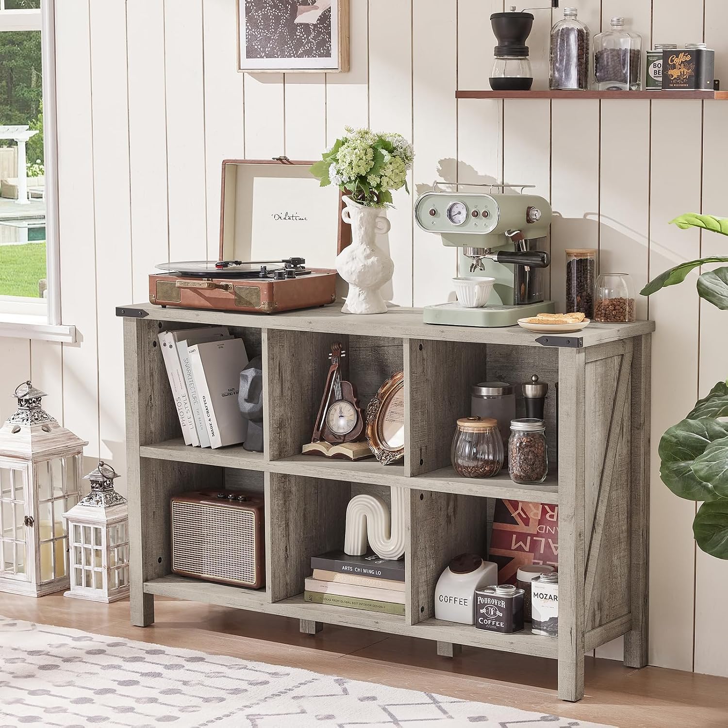 Joaxswe Farmhouse 6 Cube Bookshelf, Rustic Grey Oak Wooden Storage Organizer Book Shelf, 47 Inch Cubby Hallway Bookcase, Kids Toy Storage Cabinet, Modern Open Book Case for Living Room, Hallway