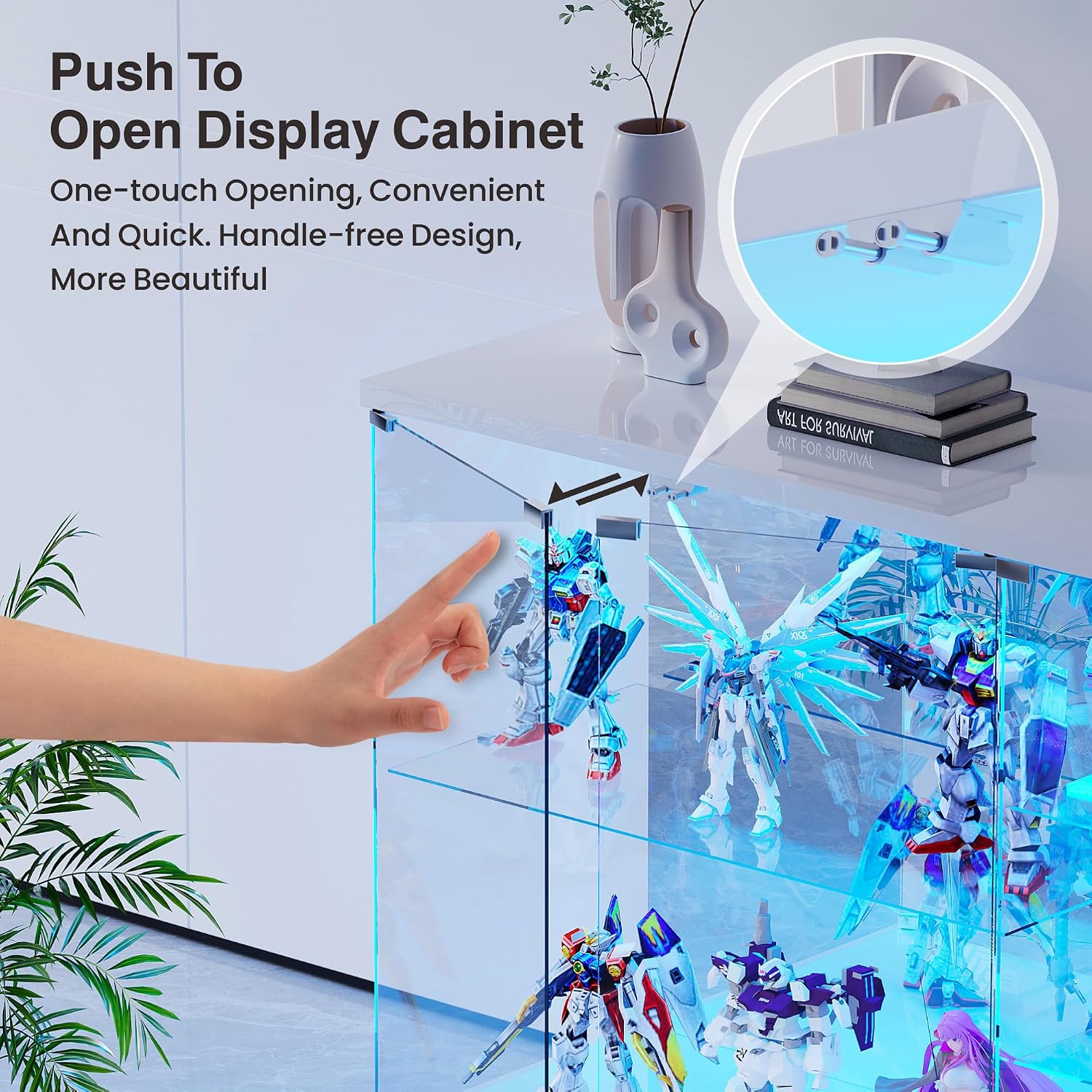 Lvifur RGB High Gloss Display Cabinet - with Lock, Curio Cabinet with Human Body Sensor & Glass Shelves for Toys, Books, Collectibles, Liquor, Bookcase for Living Room, Kitchen, Study, White