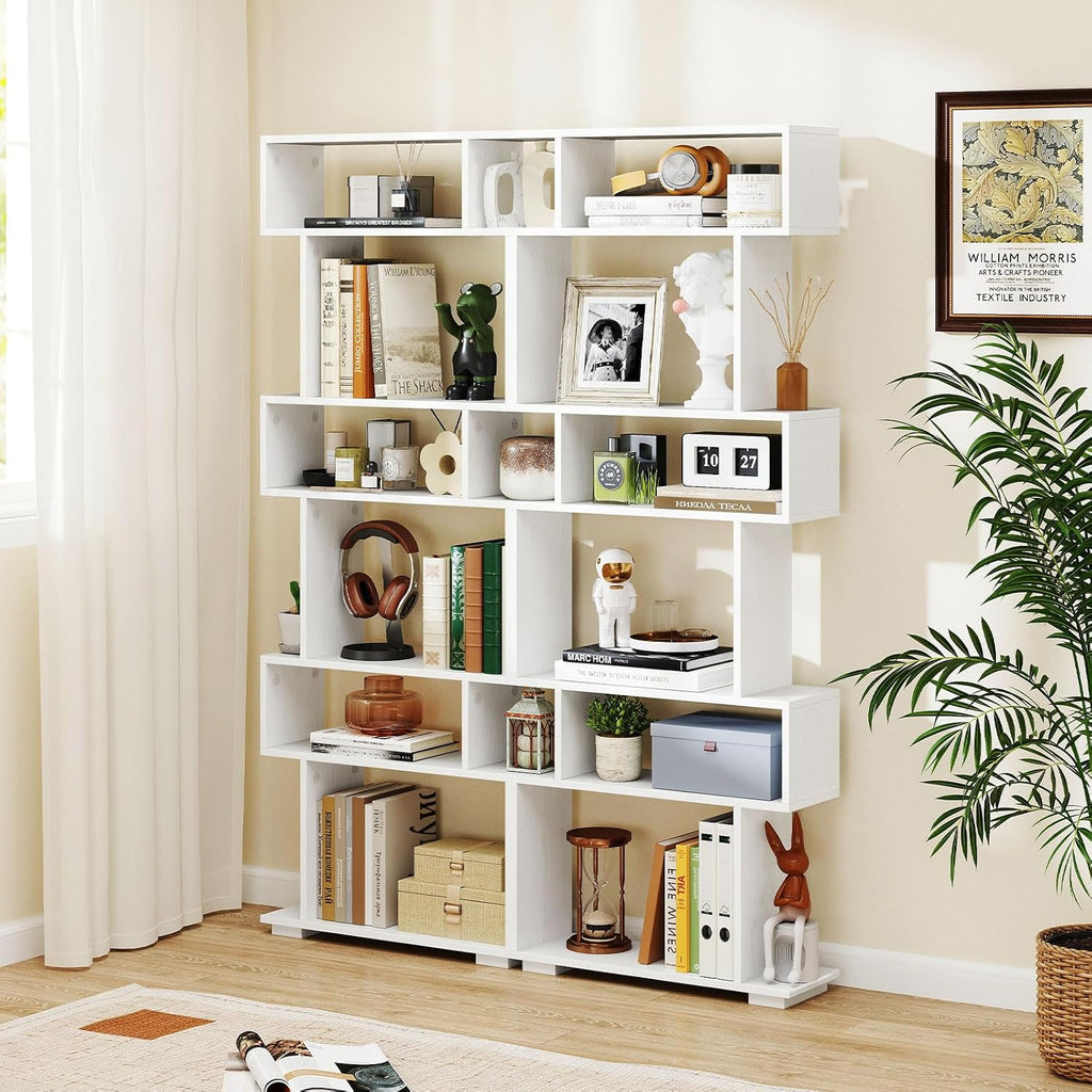 Giantex 6-Tier Geometric Bookshelves Set of 2, S-Shaped Bookcase with 2 Anti-Tipping Kits, Wooden Display Shelf, Decorative Storage Shelving Unit, Home Storage Organizer for Office Living Room, White