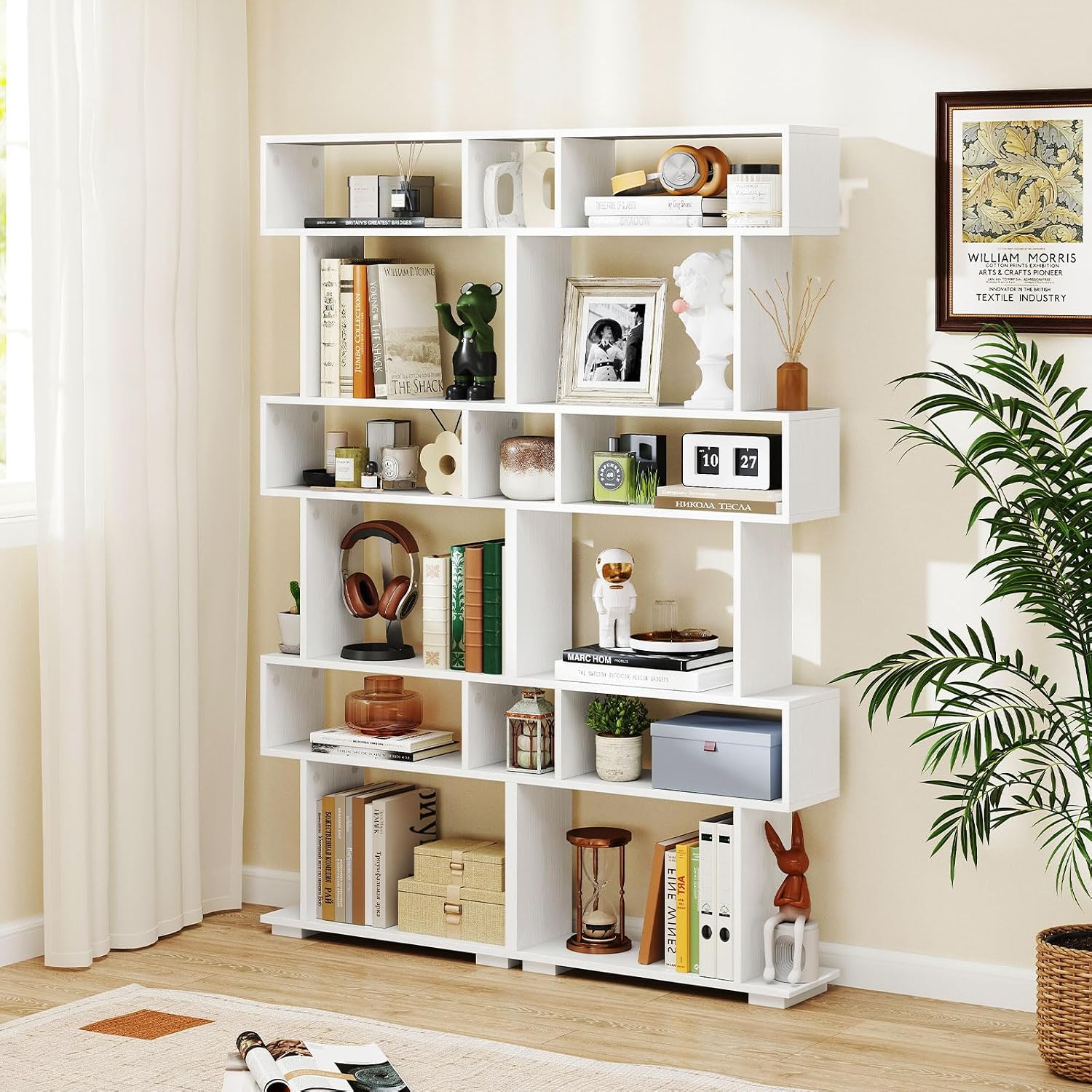 Giantex 6-Tier Geometric Bookshelves Set of 2, S-Shaped Bookcase with 2 Anti-Tipping Kits, Wooden Display Shelf, Decorative Storage Shelving Unit, Home Storage Organizer for Office Living Room, White