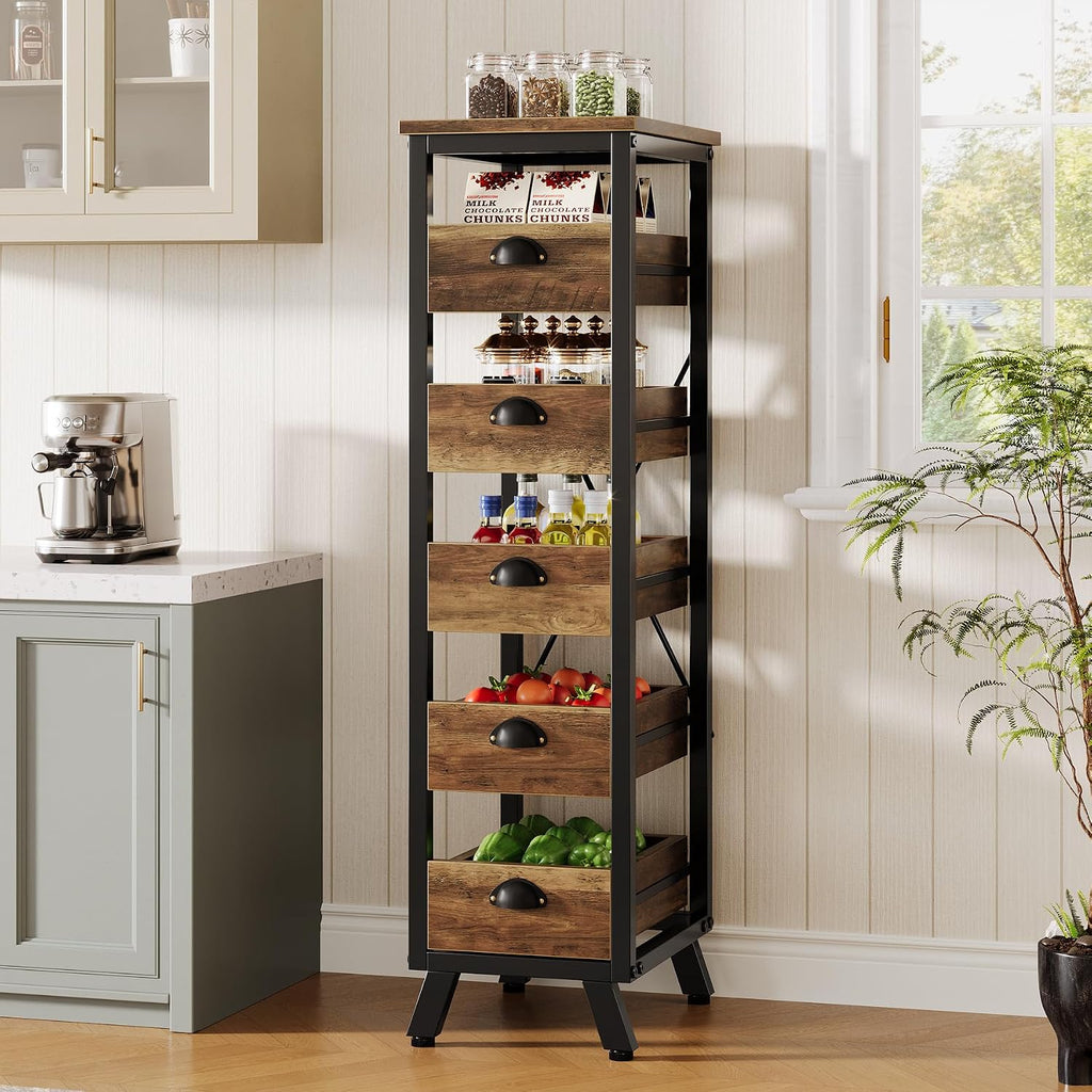 Tribesigns Wood Fruit and Vegetable Storage Rack Set of 2, 5-Tier Narrow Snack Stand Kitchen Stand Fruit Basket, Pull-Out Utility Organizer for Kitchen, Living Room, Rustic Brown