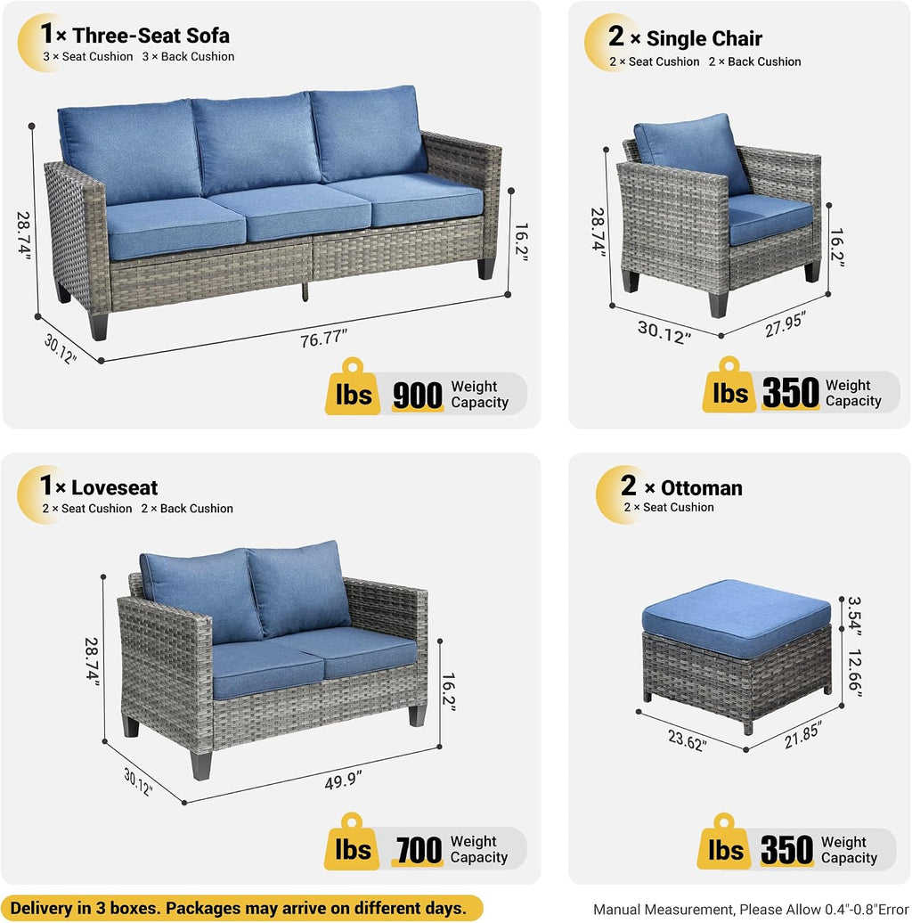 ovios Patio Furniture Set, 6 Pieces Outdoor Wicker Sofa Couch with Loveseat, Ottomans and Comfy Cushions, All Weather High Back Rattan Conversation Set, Denim Blue
